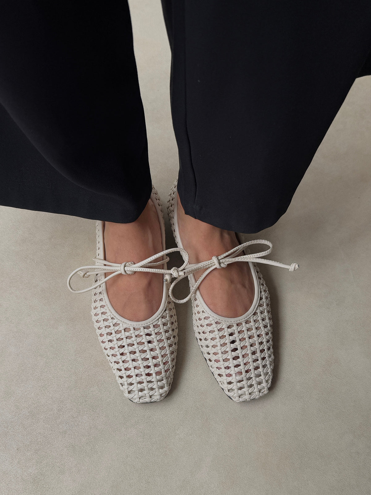 Beige Woven Vegan Leather Square-Toe Mary Jane Stylish Ballet Flats