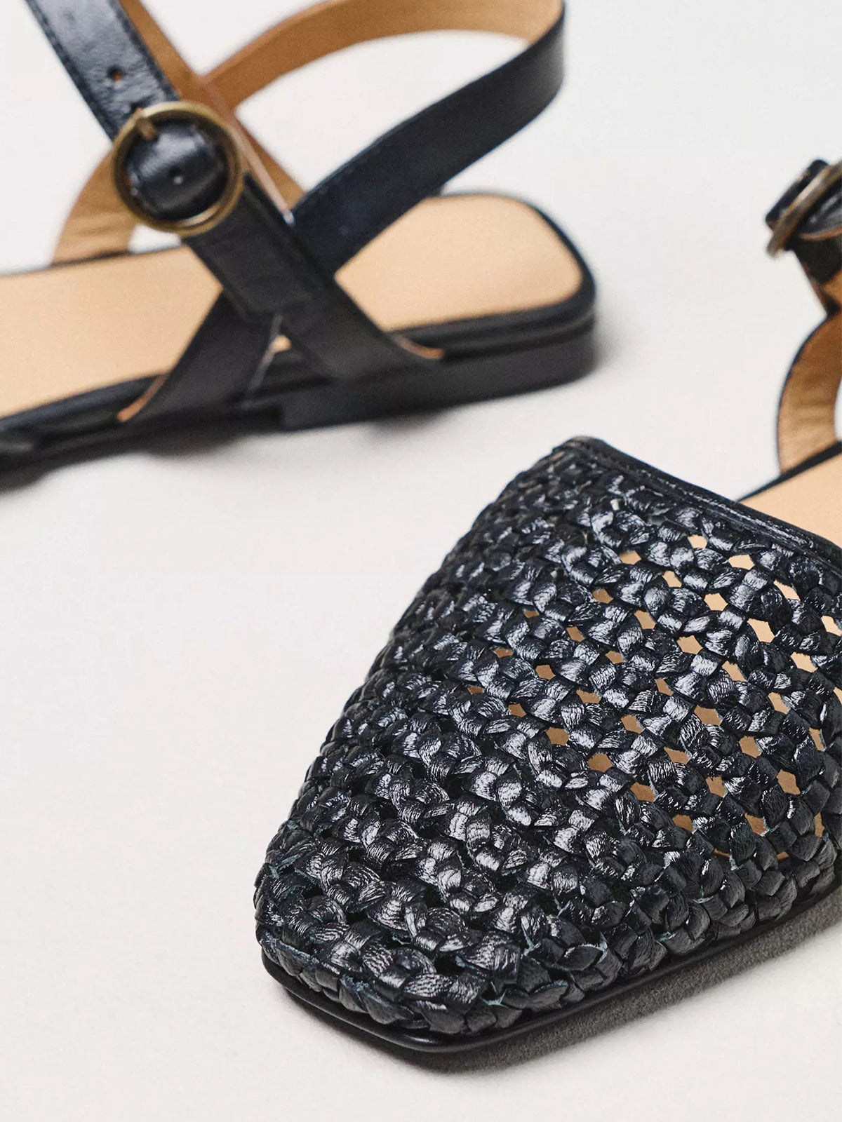Black Vegan Leather Woven Square-Toe Ankle Strap Flats