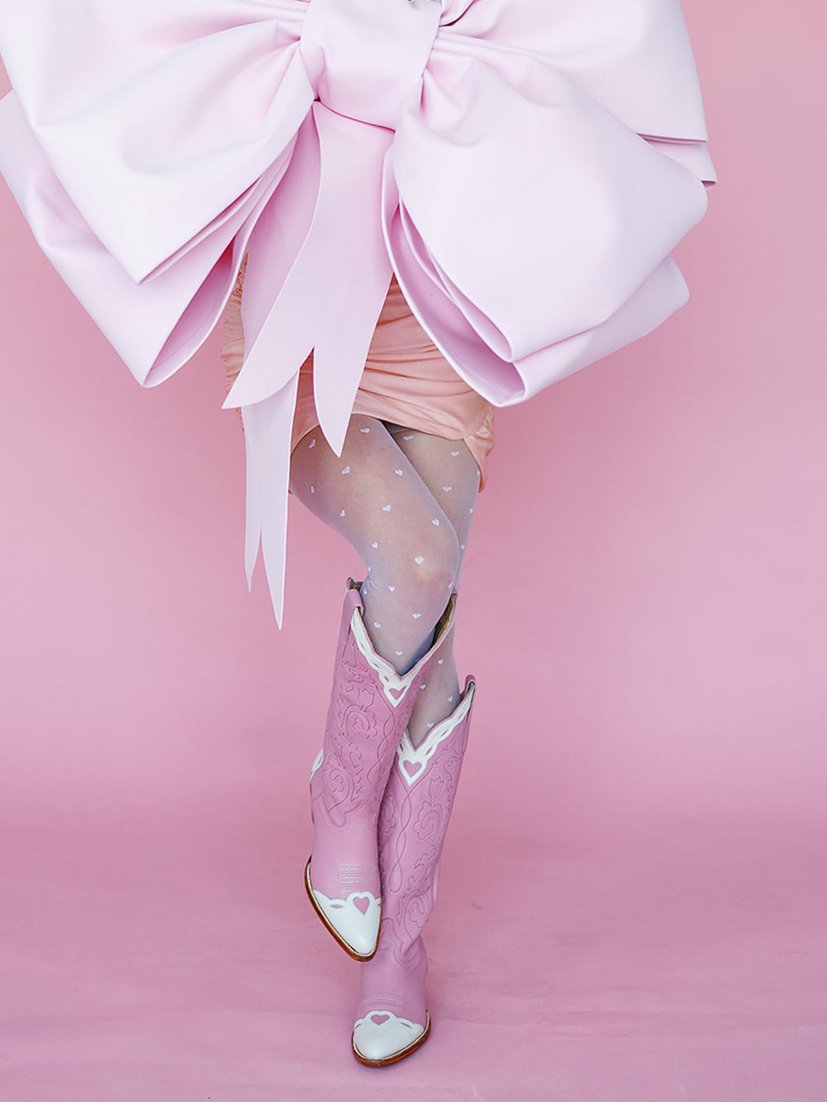 Contrast Pink And Ivory Almond-Toe Embroidery Hearts Inlay Wide Calf Knee High Cowgirl Boots