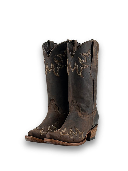 Western Snip-Toe Embroidery And Studs Mid Calf Chic Cowgirl Boots - Dark Brown