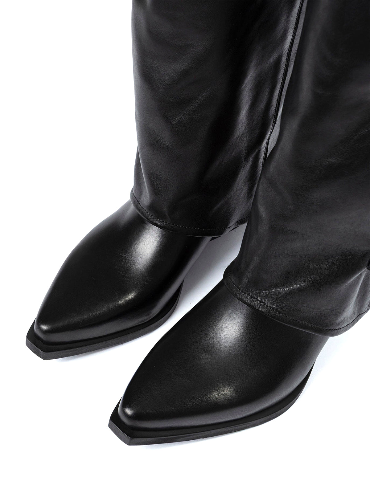 Black Snip-Toe Three Buckle Straps Fold-Over Wide Calf Knee High Cowgirl Boots