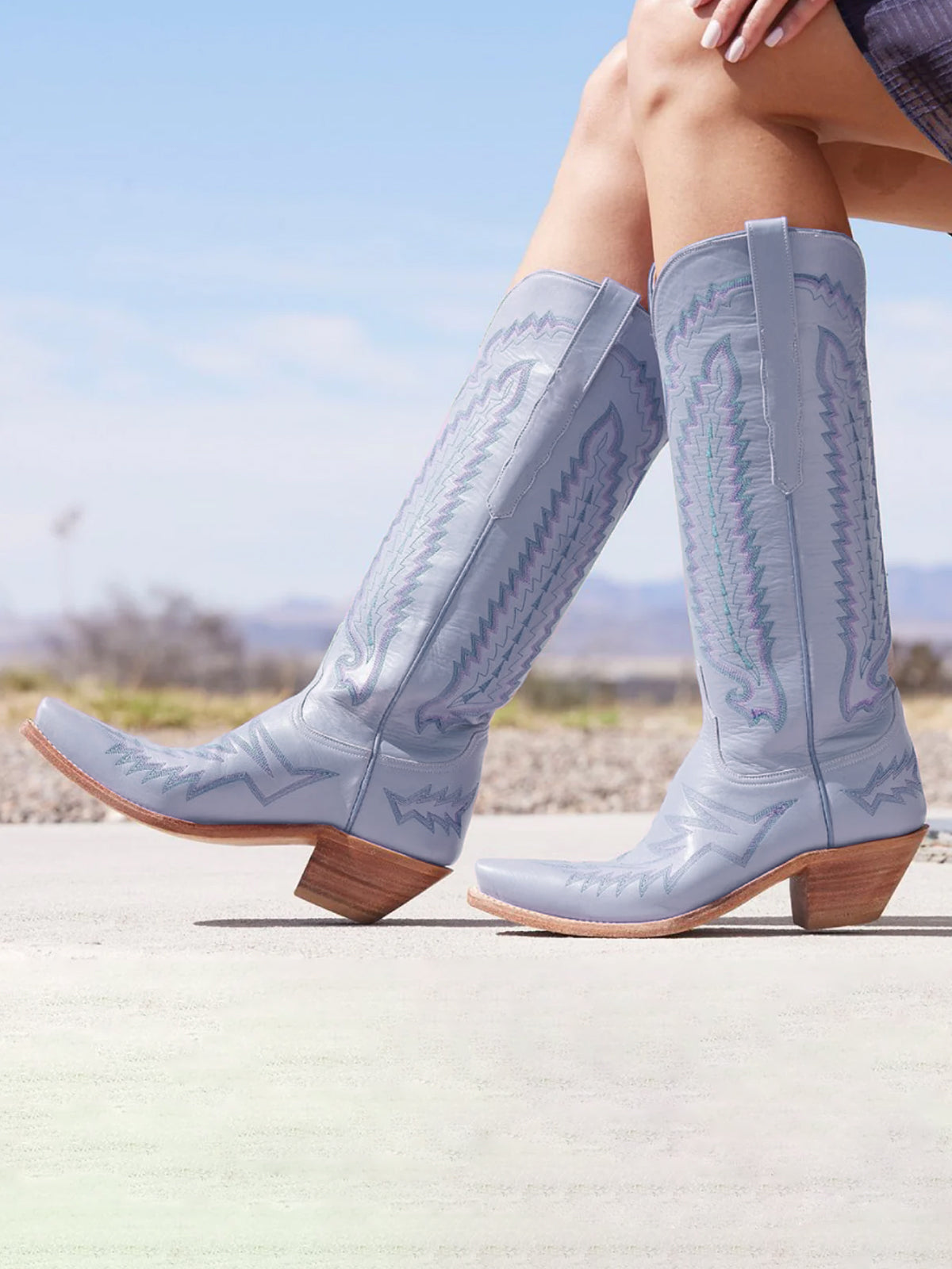 Snip-Toe Embroidery Wide Calf Knee High Tall Cowgirl Boots - Light Blue