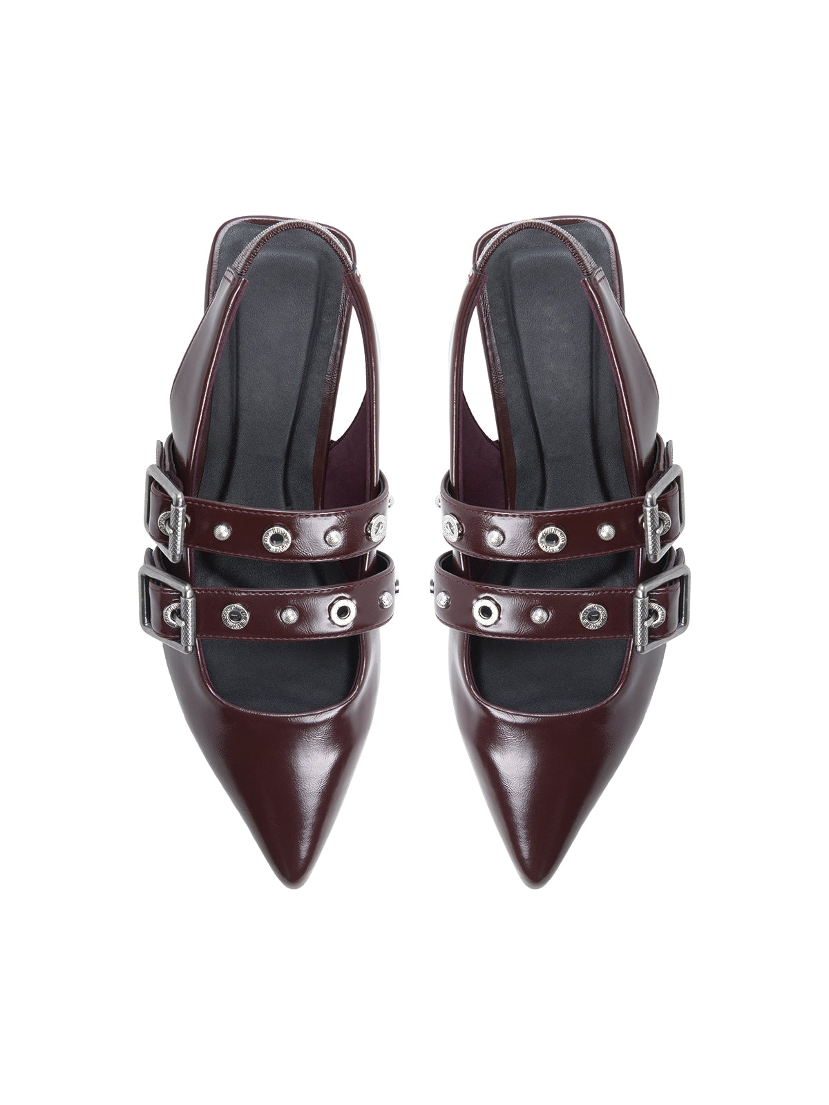 Burgundy Pointed-Toe Double Bridge Straps Slingback Flats