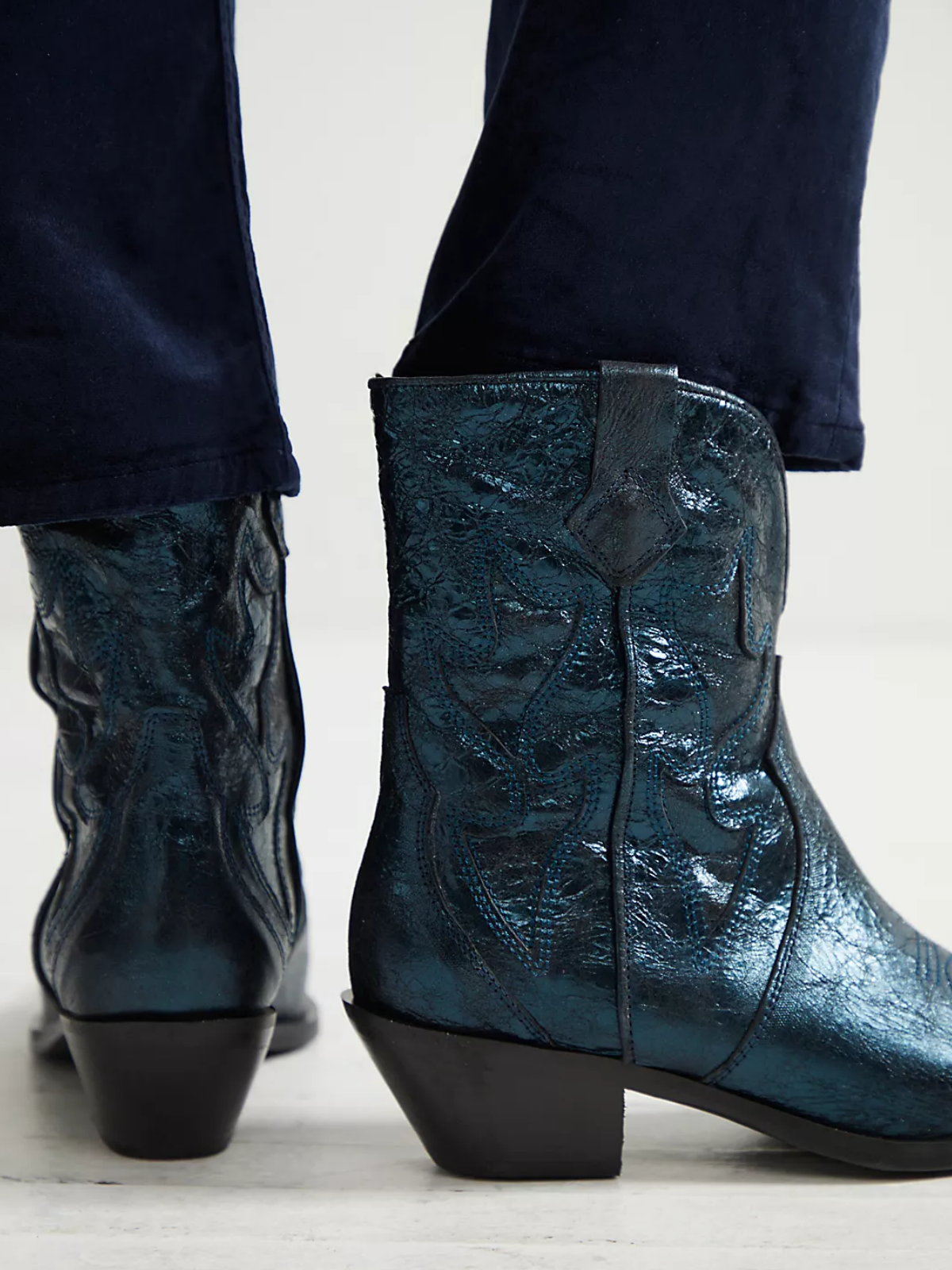 Metallic Blue Crinkle Stitch Inlay Pointy Cowgirl Ankle Booties