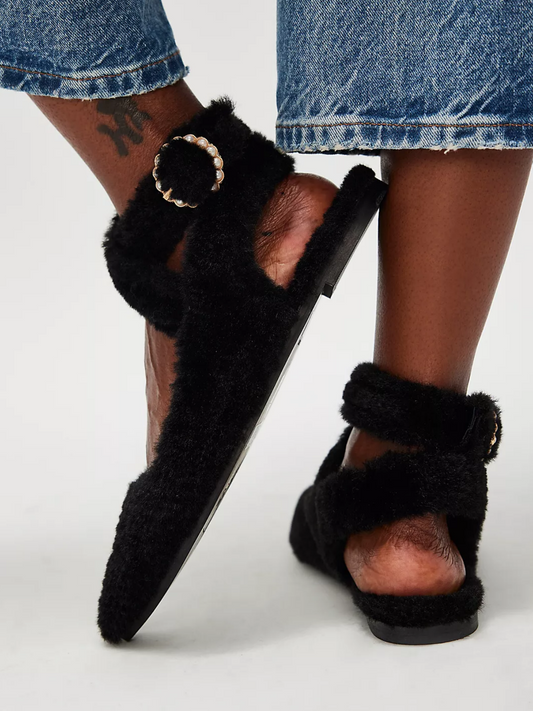 Black Fluffy Pointed-Toe Slip-On Wrapped Ankle Strap Flats