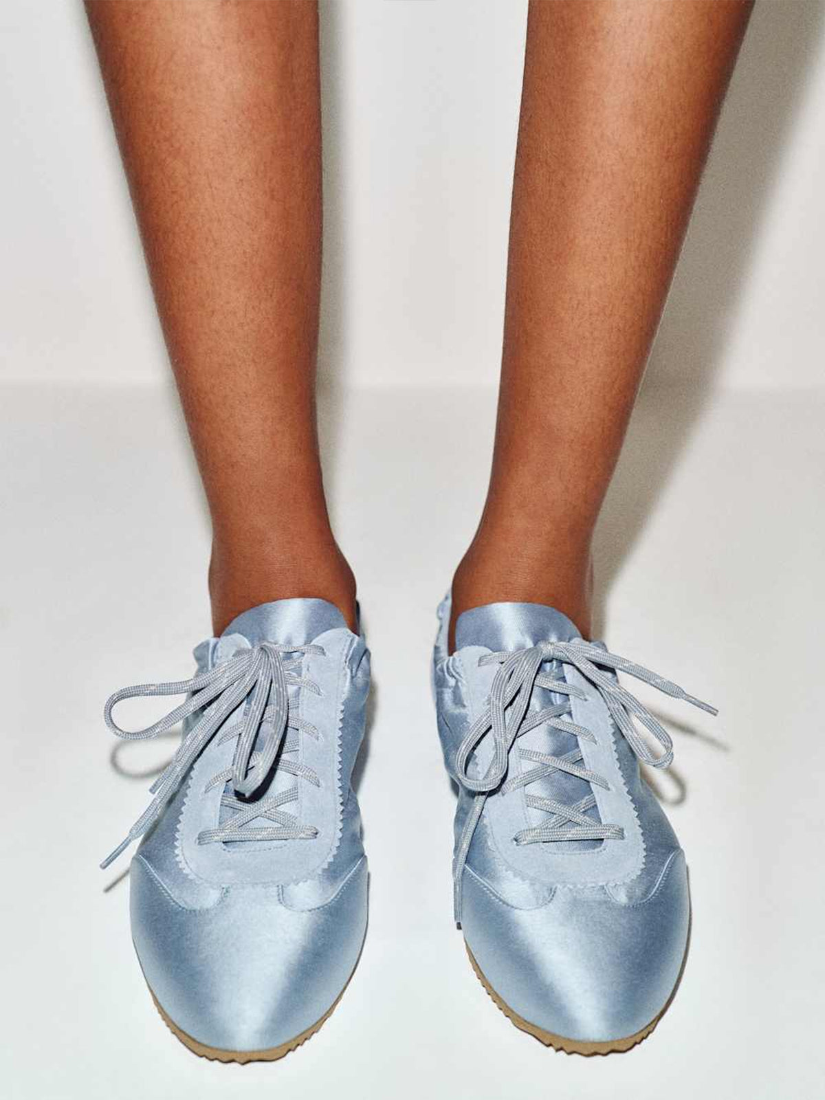 Blue Satin And Cow Suede Lace-Up Chic Flats Sneakers
