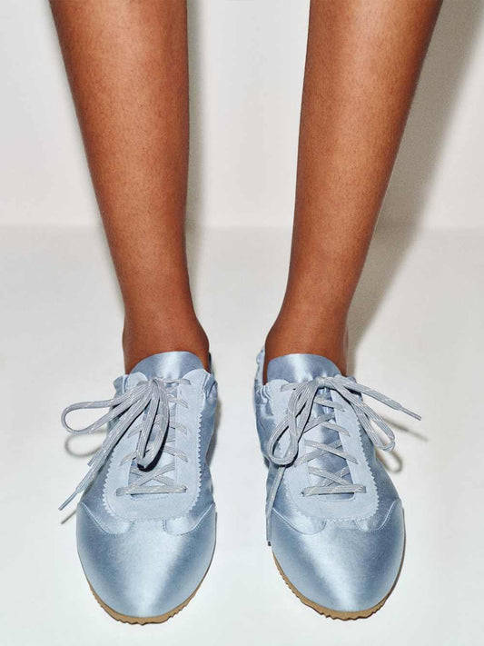Blue Satin And Cow Suede Lace-Up Chic Flats Sneakers