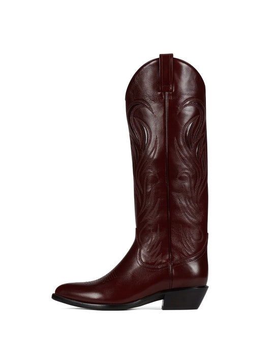 Coffee Almond-Toe Classic Embroidery Wide Calf Knee High Cowgirl Boots