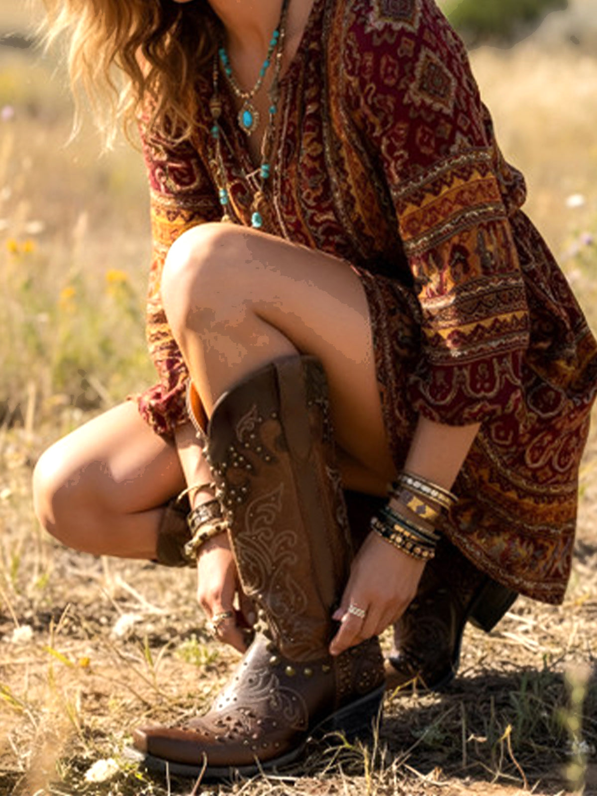 Contrast Brass And Chocolate Snip-Toe Studs And Embroidery Mid Calf Cowgirl Boots