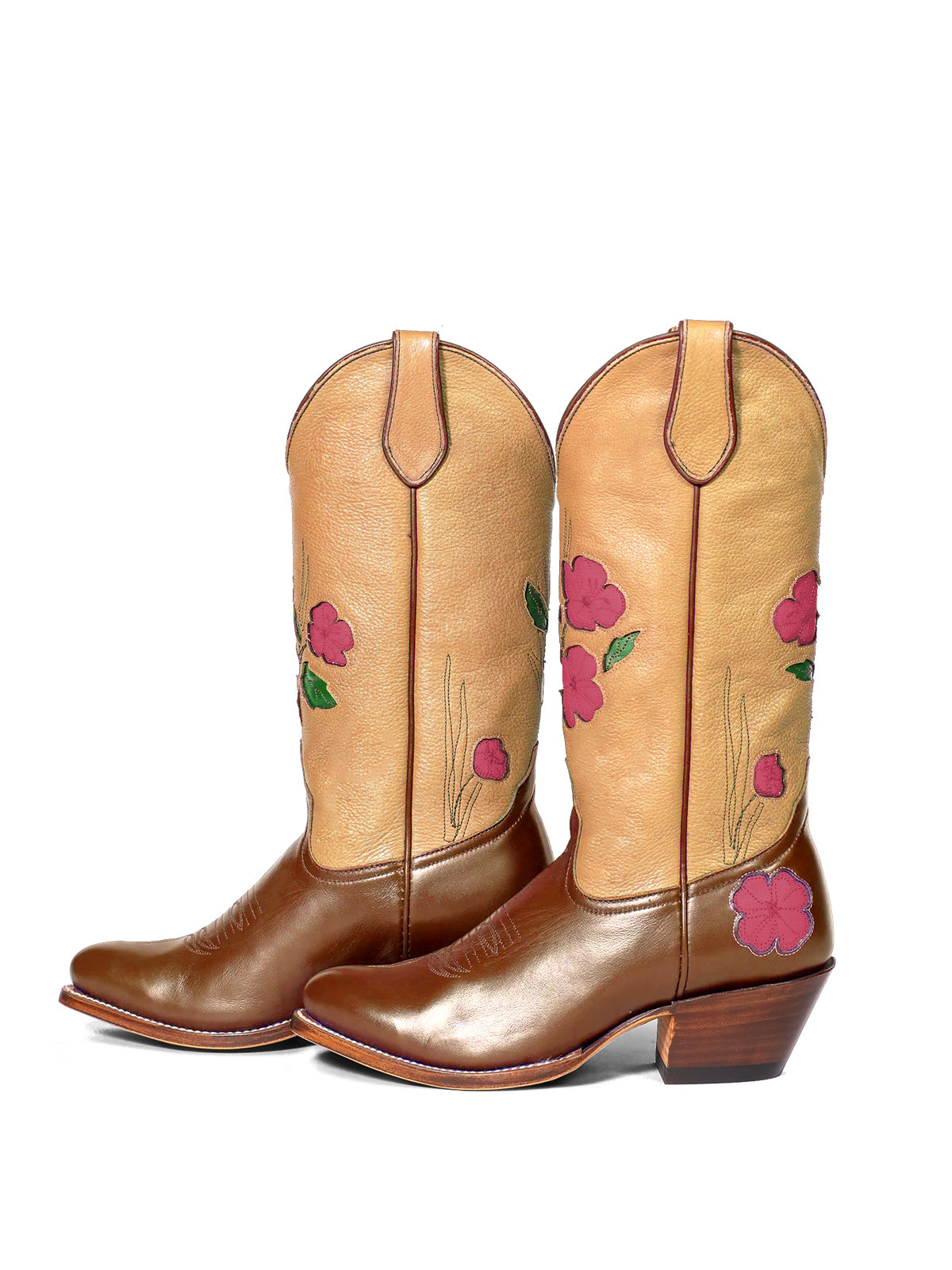 Contrast Nude And Brown Almond-Toe Fresh Flower Inlay Mid Calf Cowgirl Boots