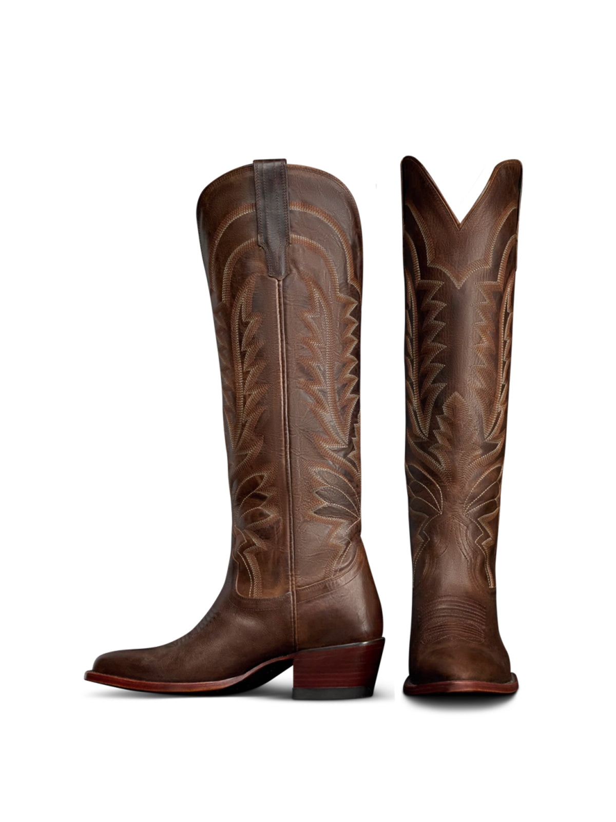 Western Embroidery Almond-Toe Tall Knee High Cowgirl Boots - Mocha