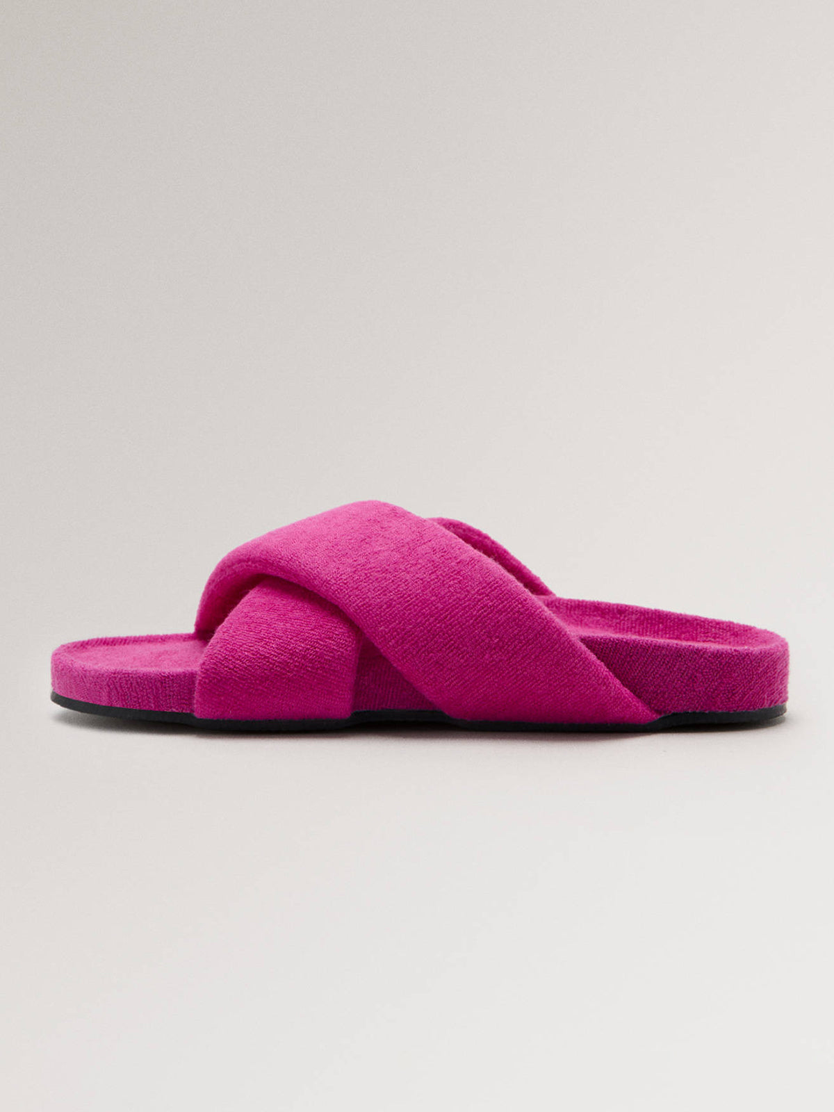 Fuchsia Plush Fabric Square-Toe Crossed Straps Backless Flats