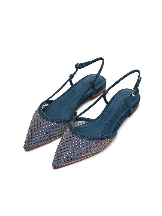 Blue Mesh Pointed-Toe Full Rhinestones Slingback Flats
