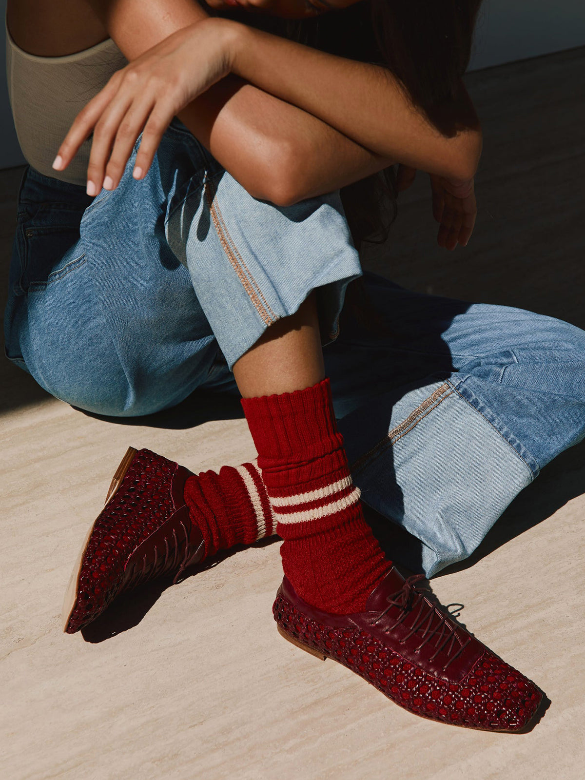 Burgundy Woven Vegan Leather Square-Toe Chic Lace-Up Flats