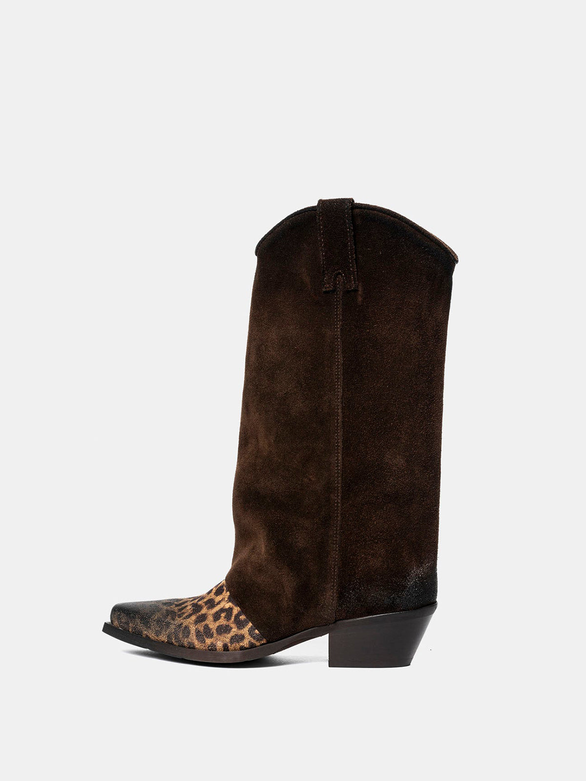 Contrast Dark Brown And Leopard Faux Suede Snip-Toe Simple Mid Calf Cowgirl Boots