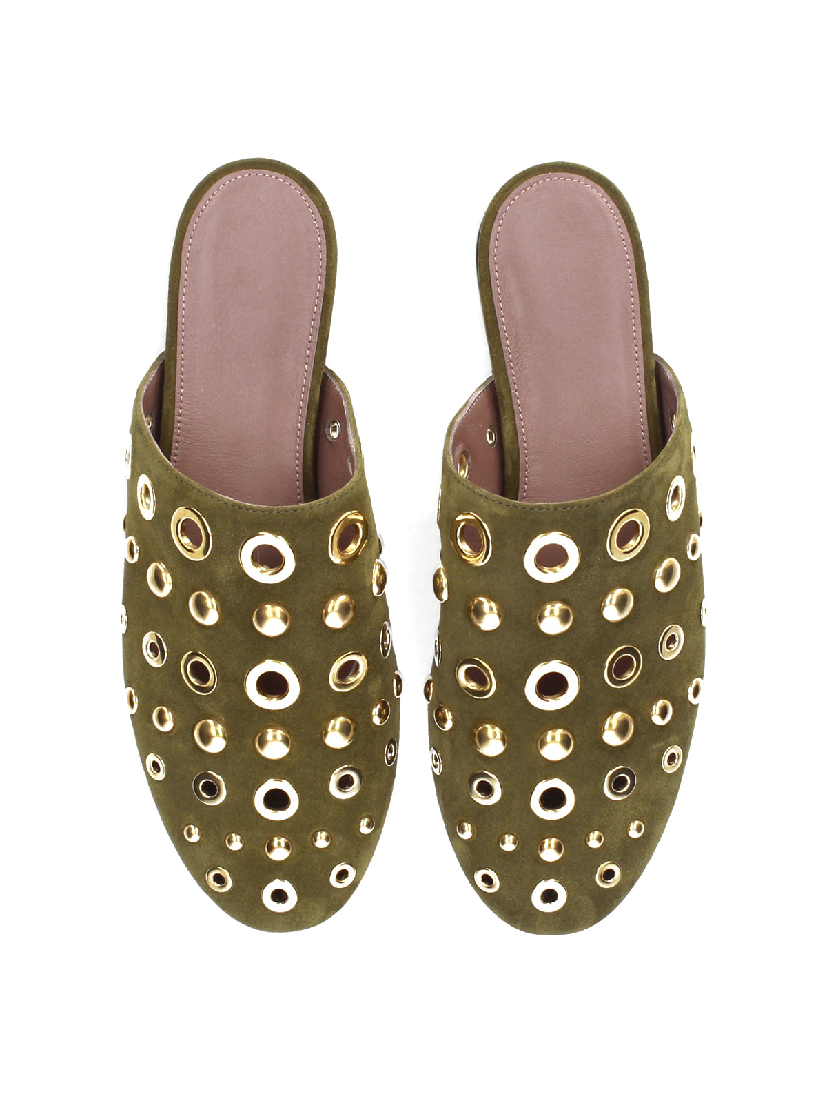 Brown Faux Suede Round-Toe Eyelets And Studs Loafers Flats