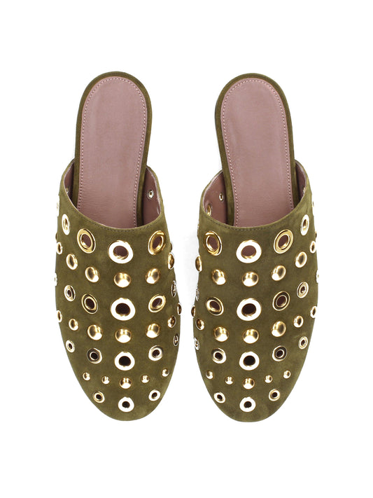 Brown Faux Suede Round-Toe Eyelets And Studs Loafers Flats