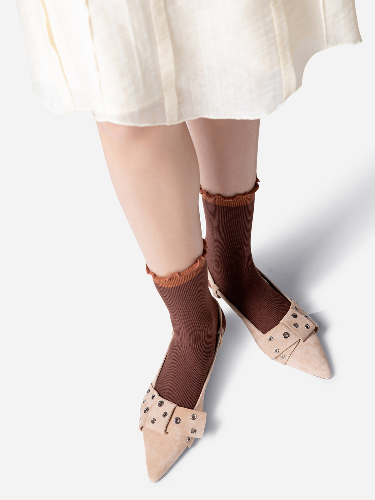 Beige Faux Suede Pointed-Toe Front Eyelets Back Strap Kitten Heels