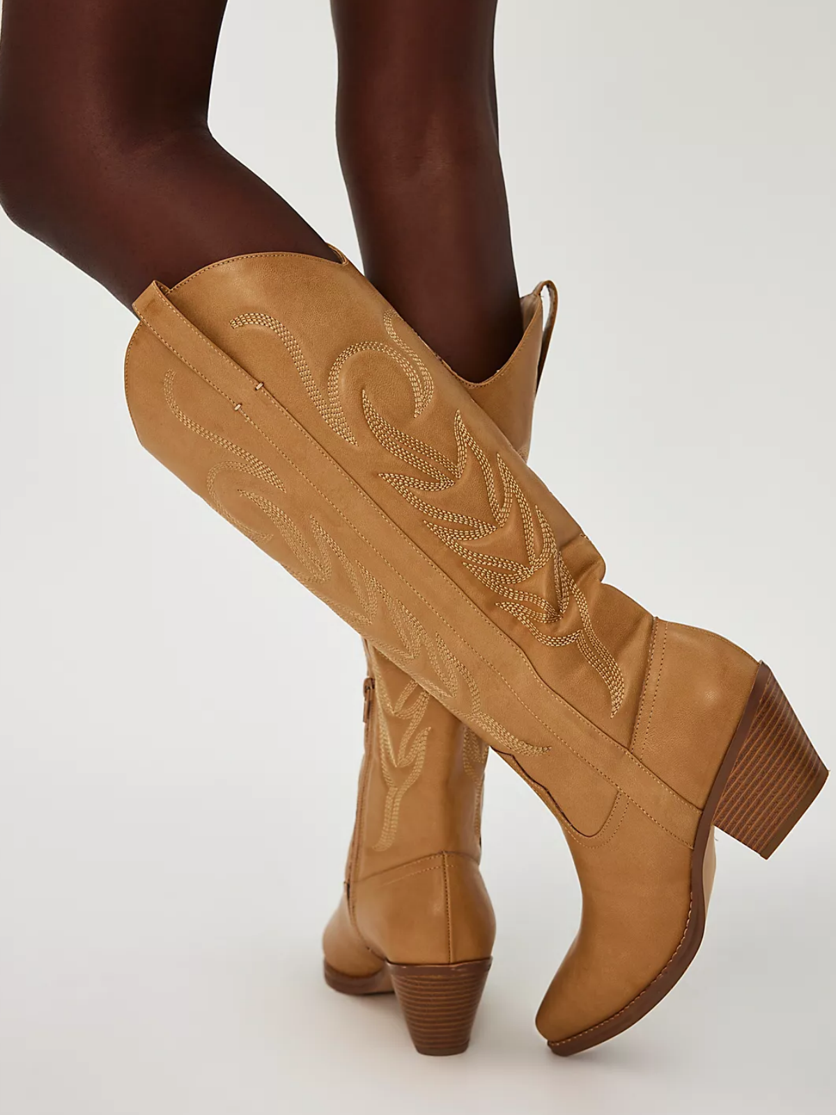 Snip-Toe Half-Zip Embroidery Mid Calf Cowgirl Boots - Light Brown