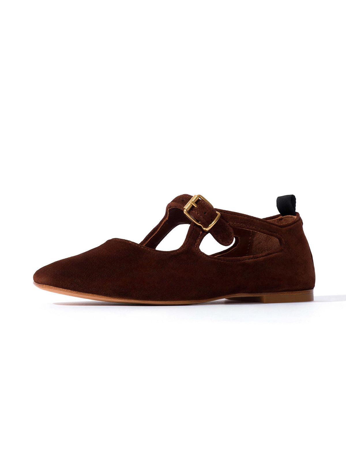 Square-Toe Buckle Strap Chic Flats - Chocolate Faux Suede
