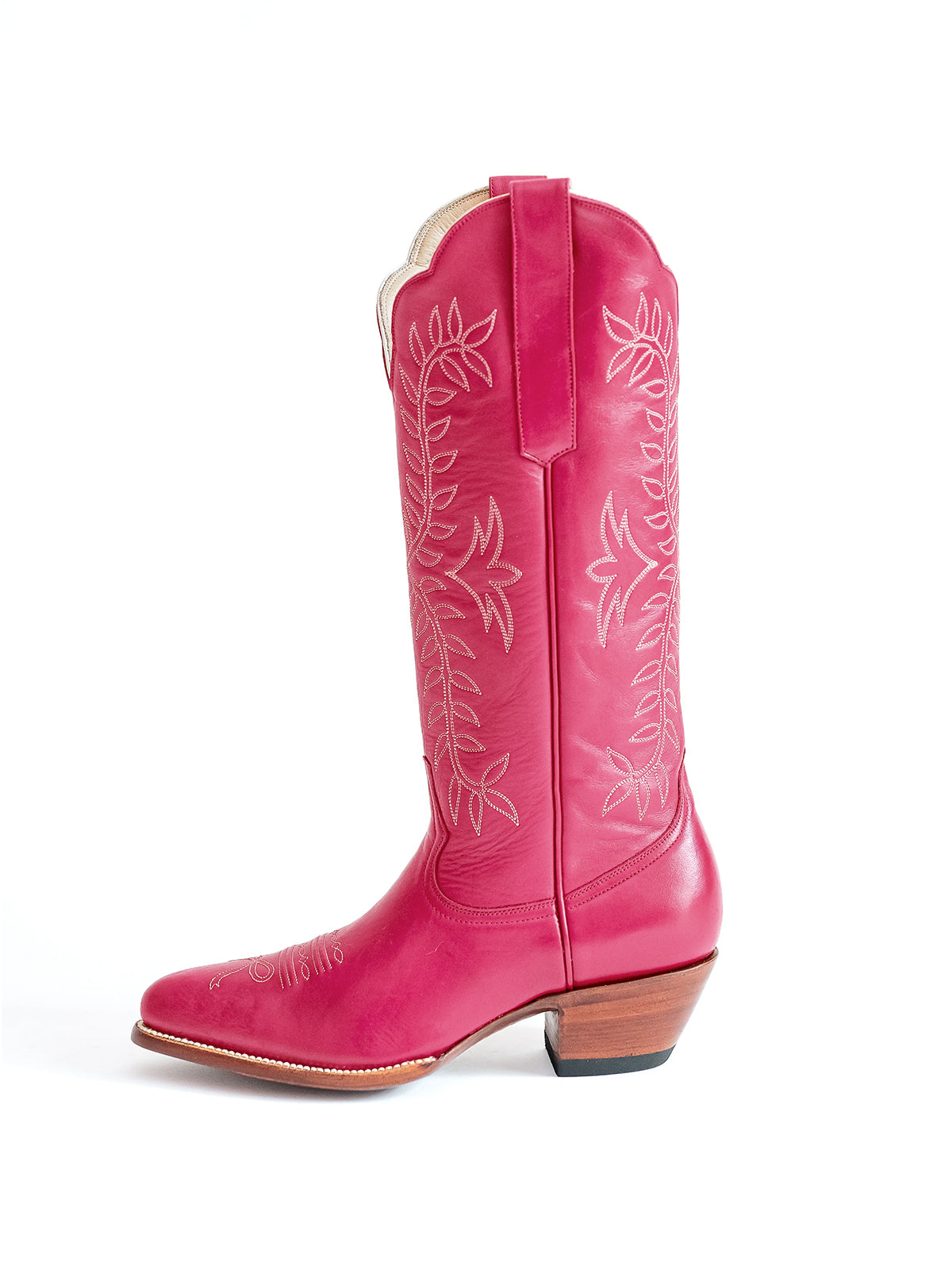 Leaves Embroidery Almond-Toe Wide Knee High Cowgirl Boots - Rose Red