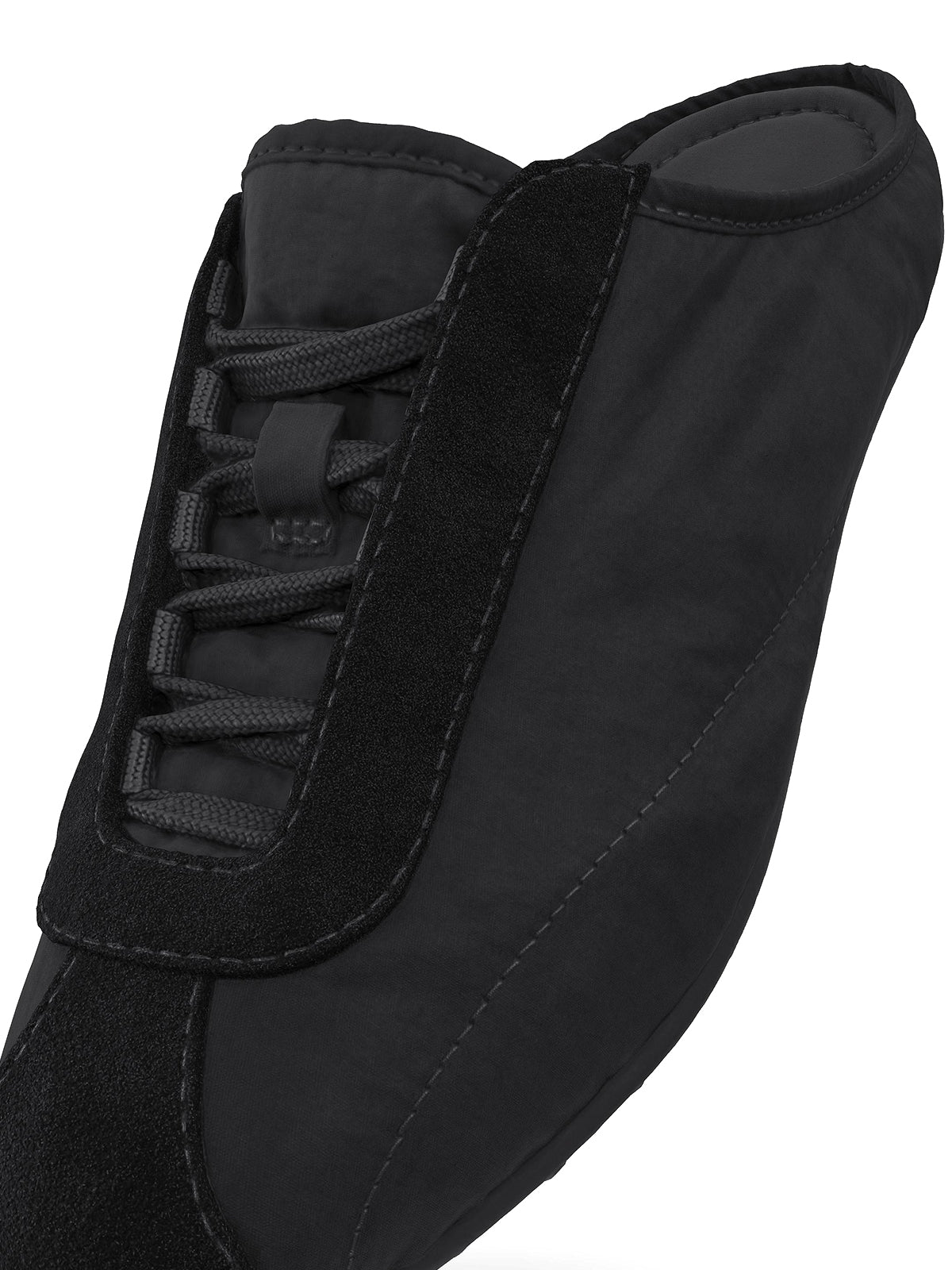 Black Cow Suede And Satin Round-Toe Lace-Up Backless Flats