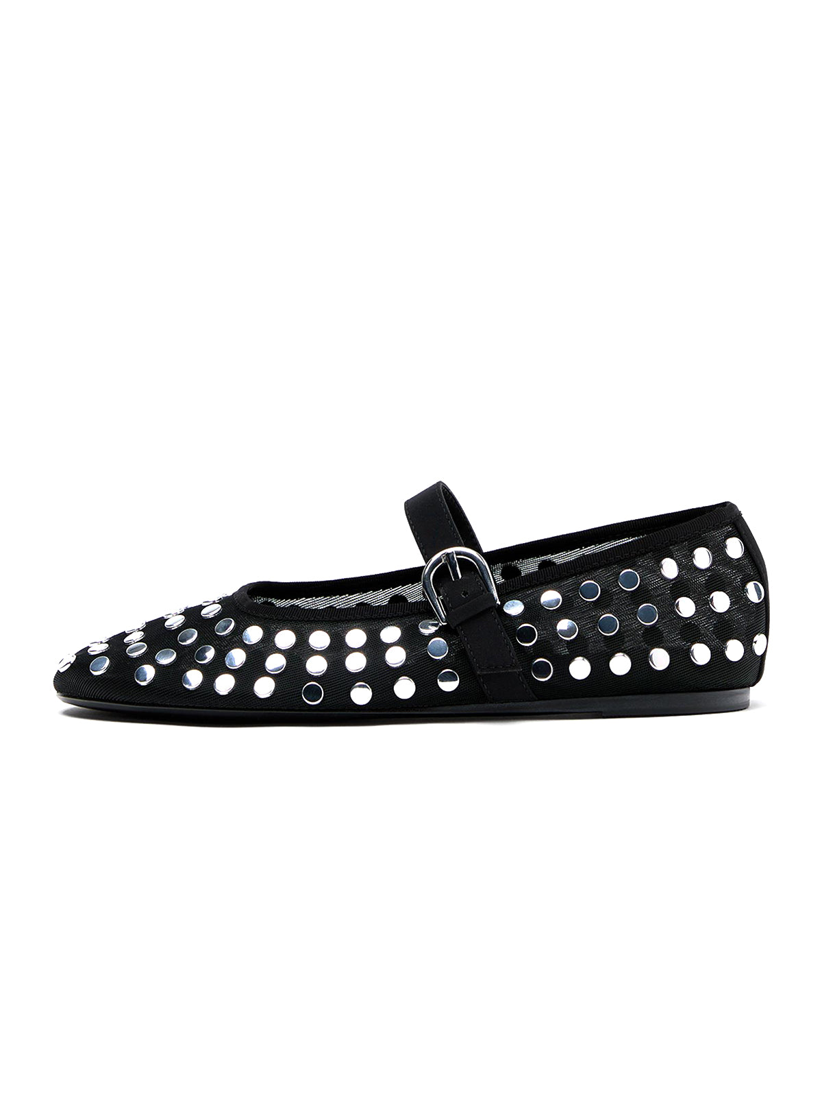 Black Mesh Round-Toe Full Studs And Buckle Mary Jane Ballet Flats