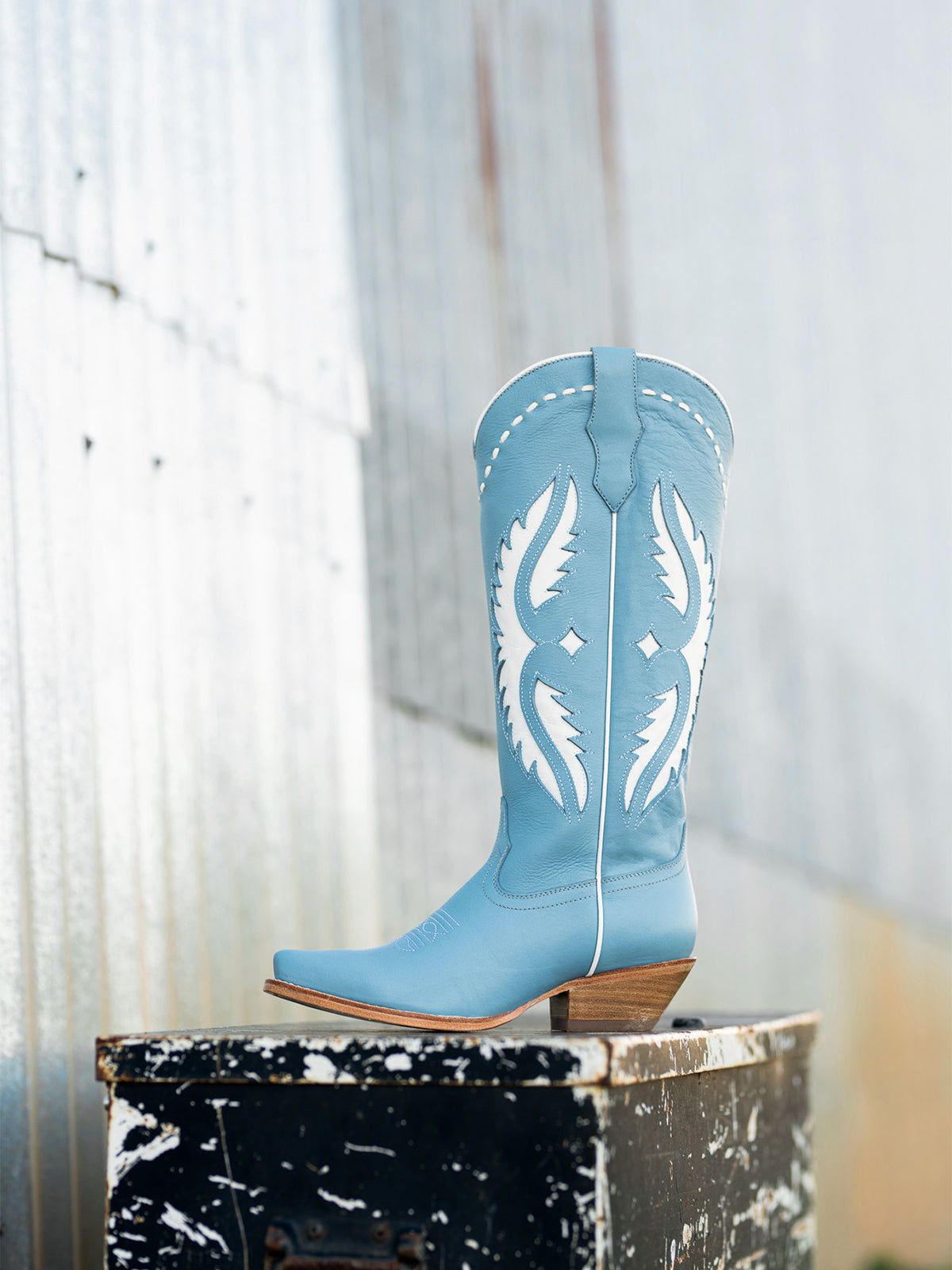 Ice Blue Inlay Running Stitch Wide Calf Knee High Cowgirl Boots ...