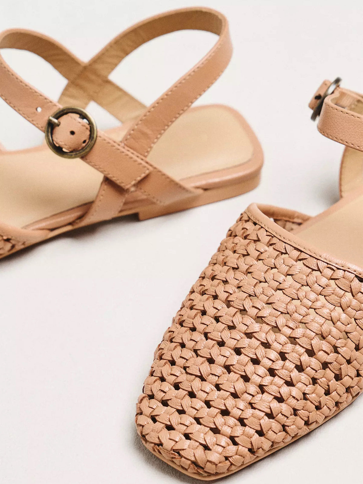 Tan Vegan Leather Woven Square-Toe Ankle Strap Flats