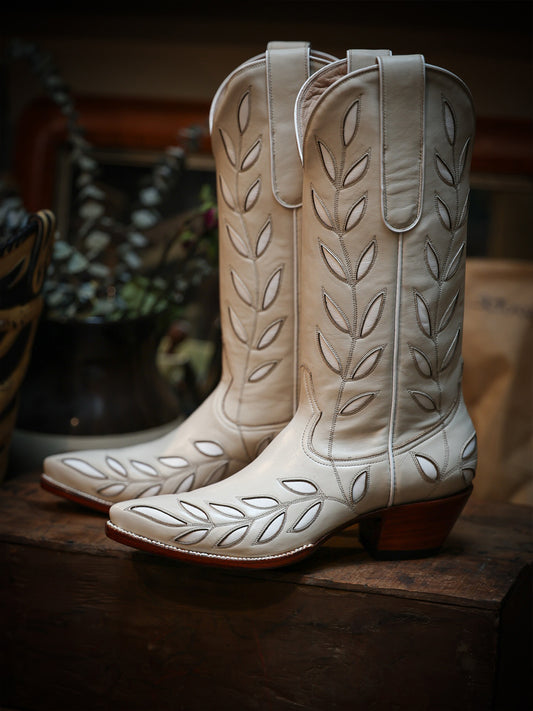 Light Beige Pointed-Toe White Leaves Inlay Mid Calf Cowgirl Boots