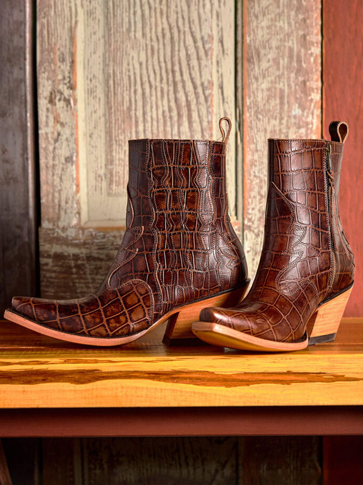 Coffee Stone-Print Snip-Toe Full-Zip Ankle Cowgirl Boots