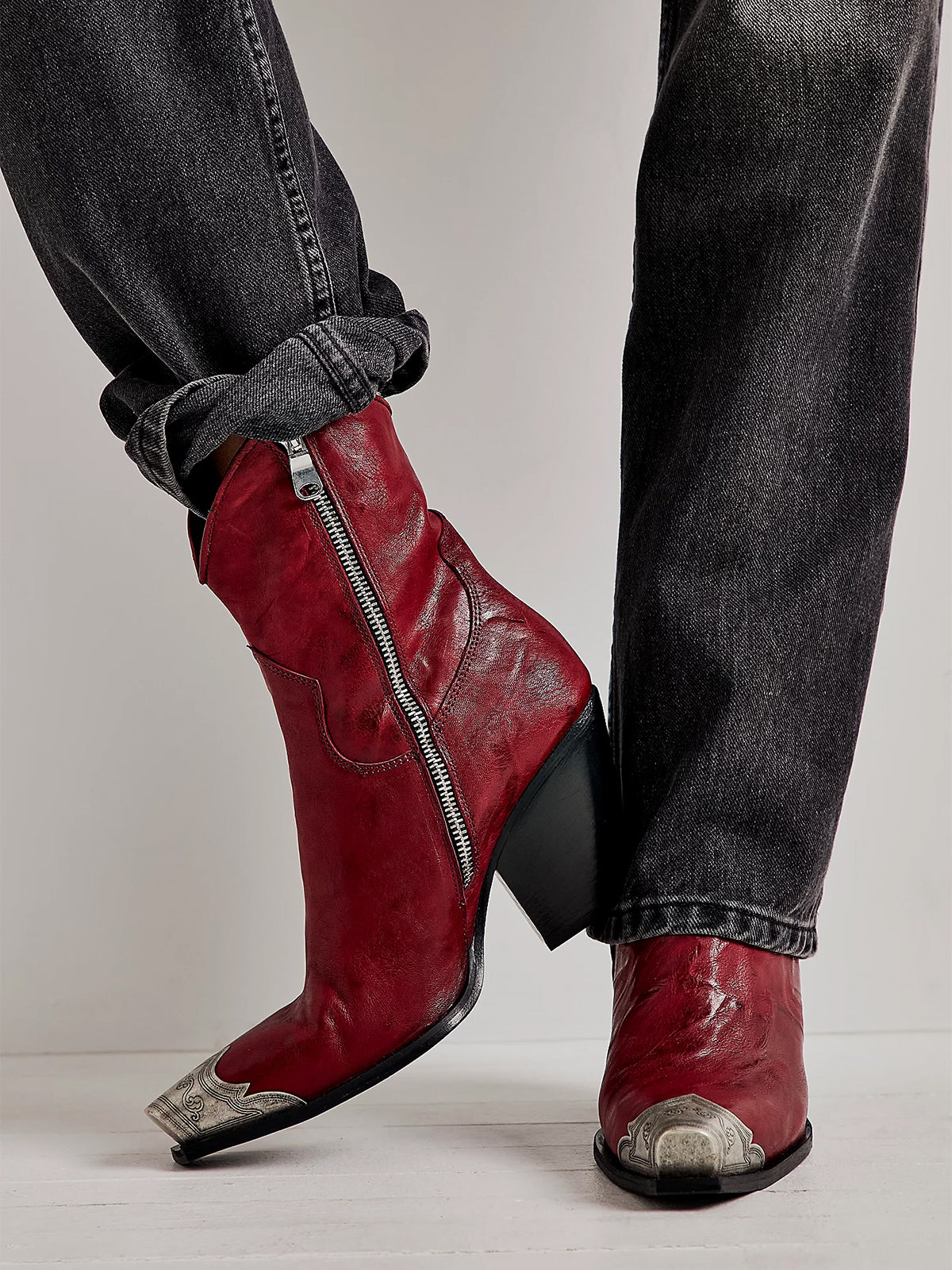 Metal Snip-Toe Full-Zip Classic Cowgirl Ankle Boots - Brandy