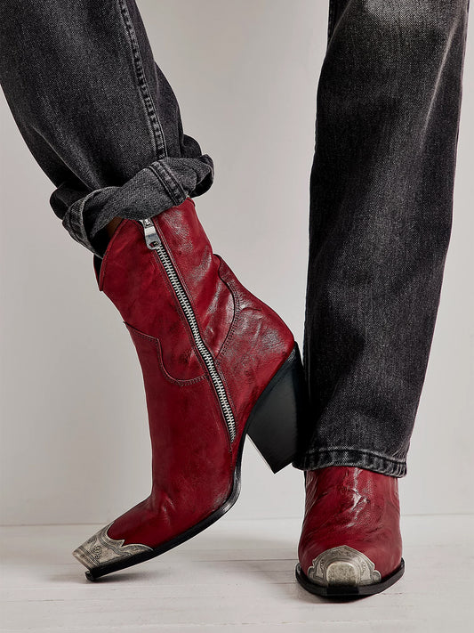 Metal Snip-Toe Full-Zip Classic Cowgirl Ankle Boots - Brandy