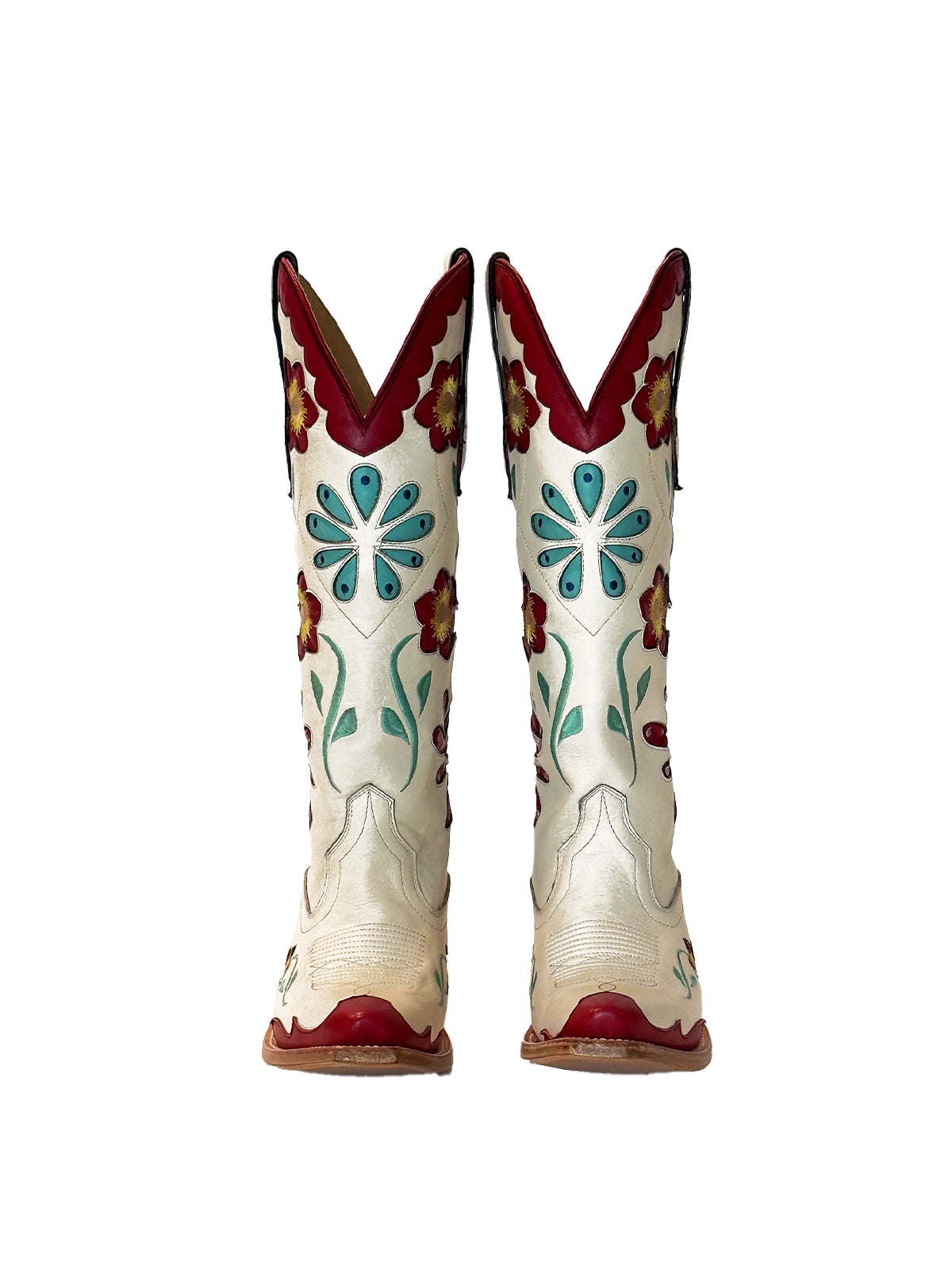 Bone Snip-Toe Colorful Flowers Inlay Wide Calf Knee High Cowgirl Boots