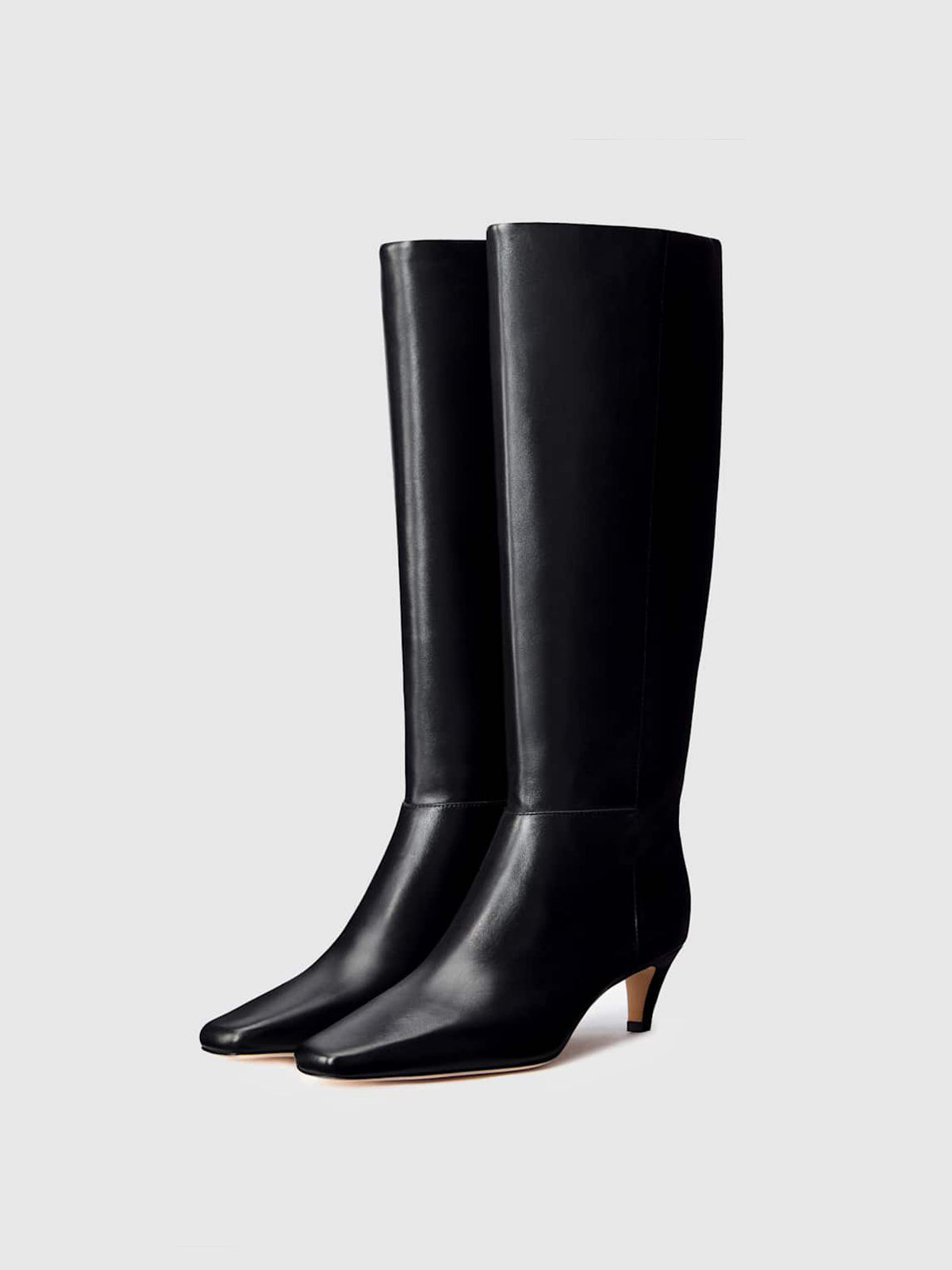 Black Square-Toe Simple Wide Calf Knee High Stiletto Boots