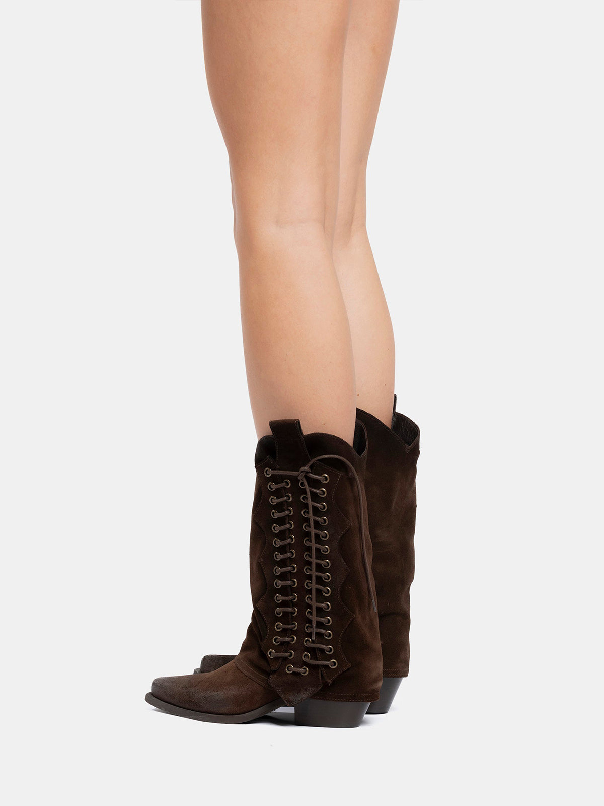 Brown Faux Suede Snip-Toe Side Lace-Up Mid Calf Cowgirl Boots