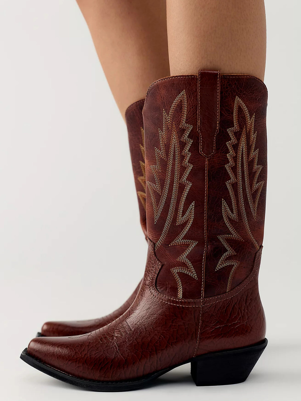 Dark Brown Snip-Toe Classic Western Embroidery Mid Calf Stylish Cowgirl Boots