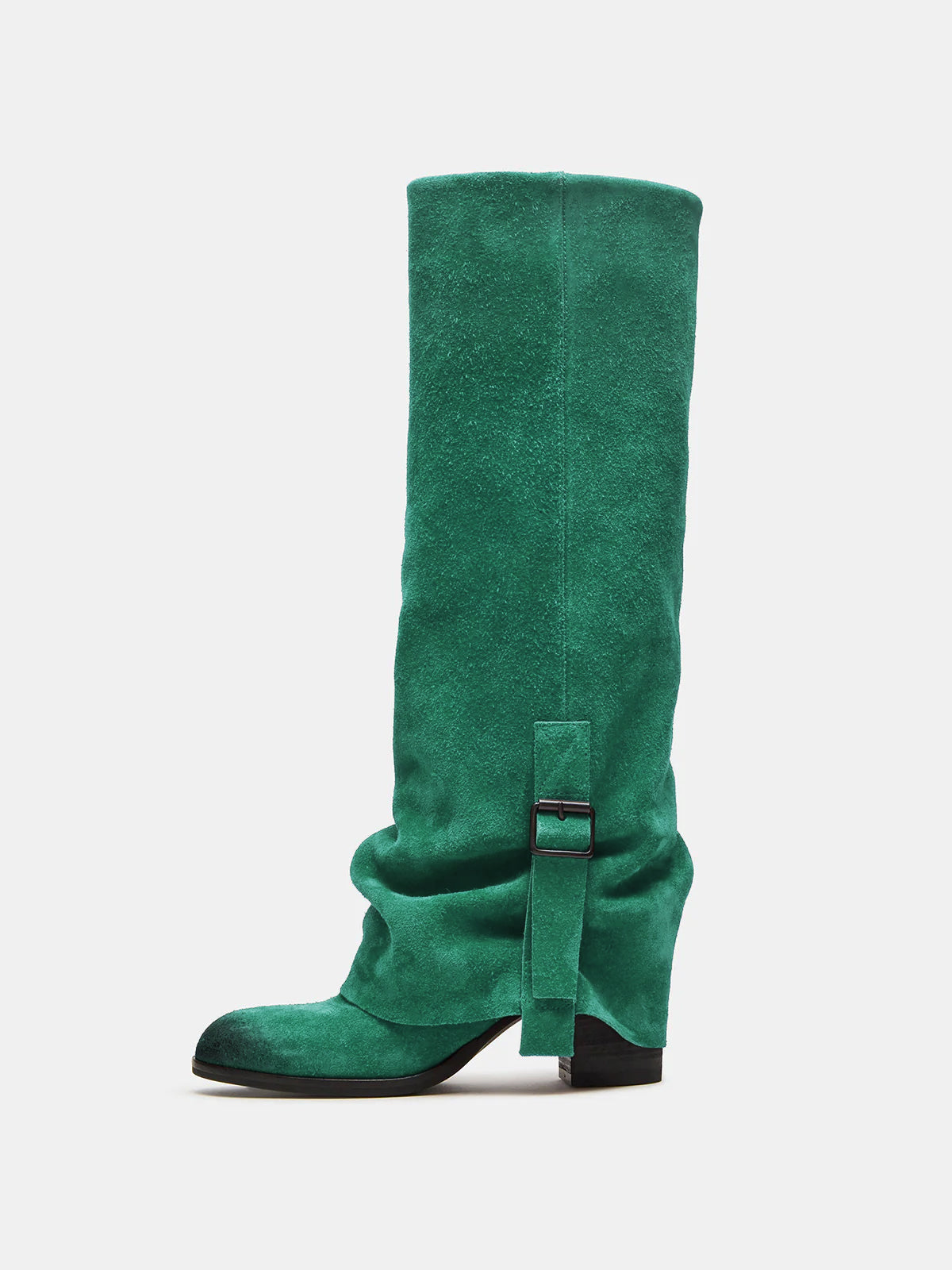 Turquoise Faux Suede Round-Toe Fold-Over Adjustable Buckle Knee High Cowgirl Boots