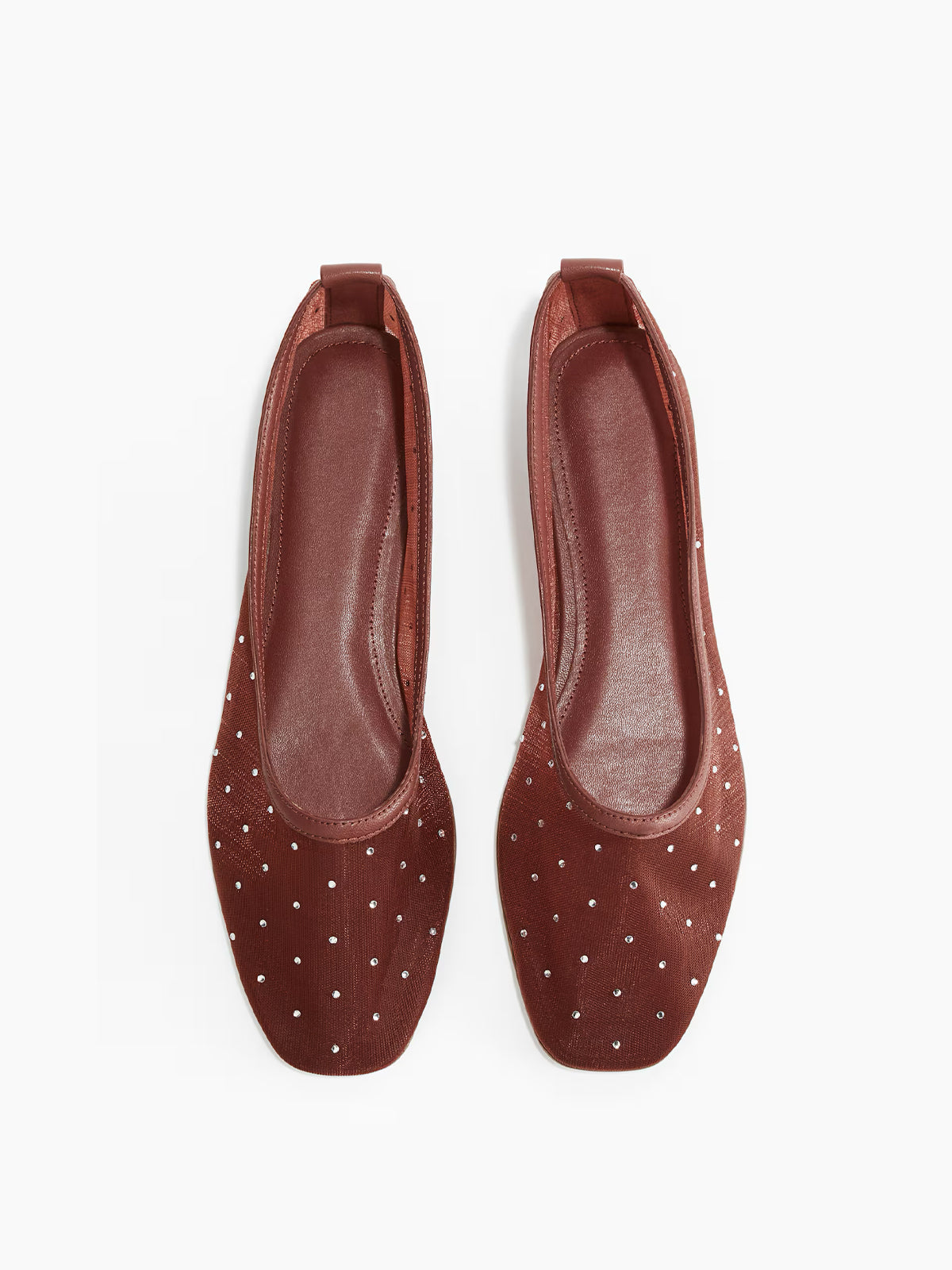 Rhinestone Mesh Square-Toe Ballet Flats - Red