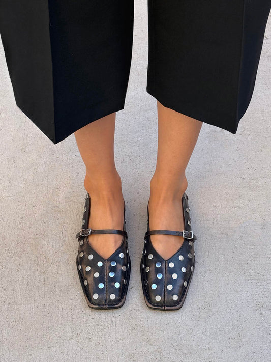 Dark Brown Square-Toe Middle Strap Simple Studs Ballet Flats