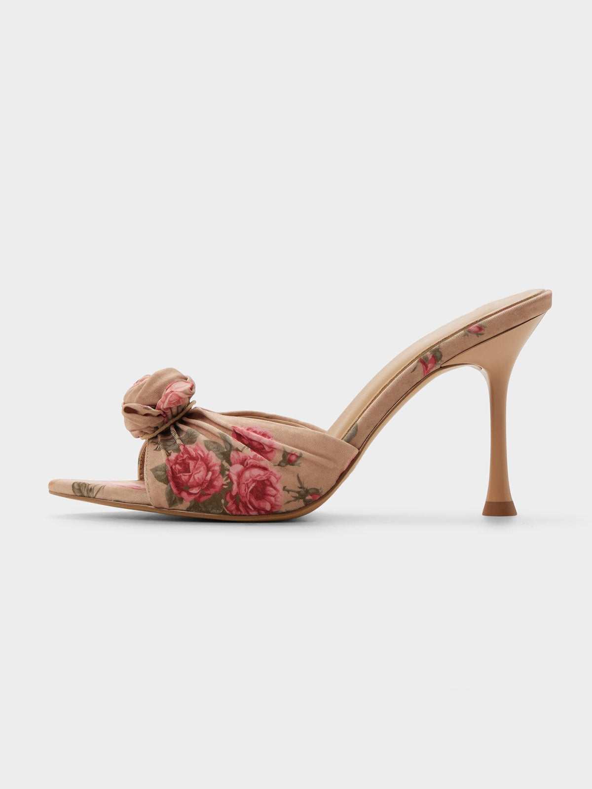 Beige Satin Peep Round-Toe Front Rose Detail Slip-On High Heels