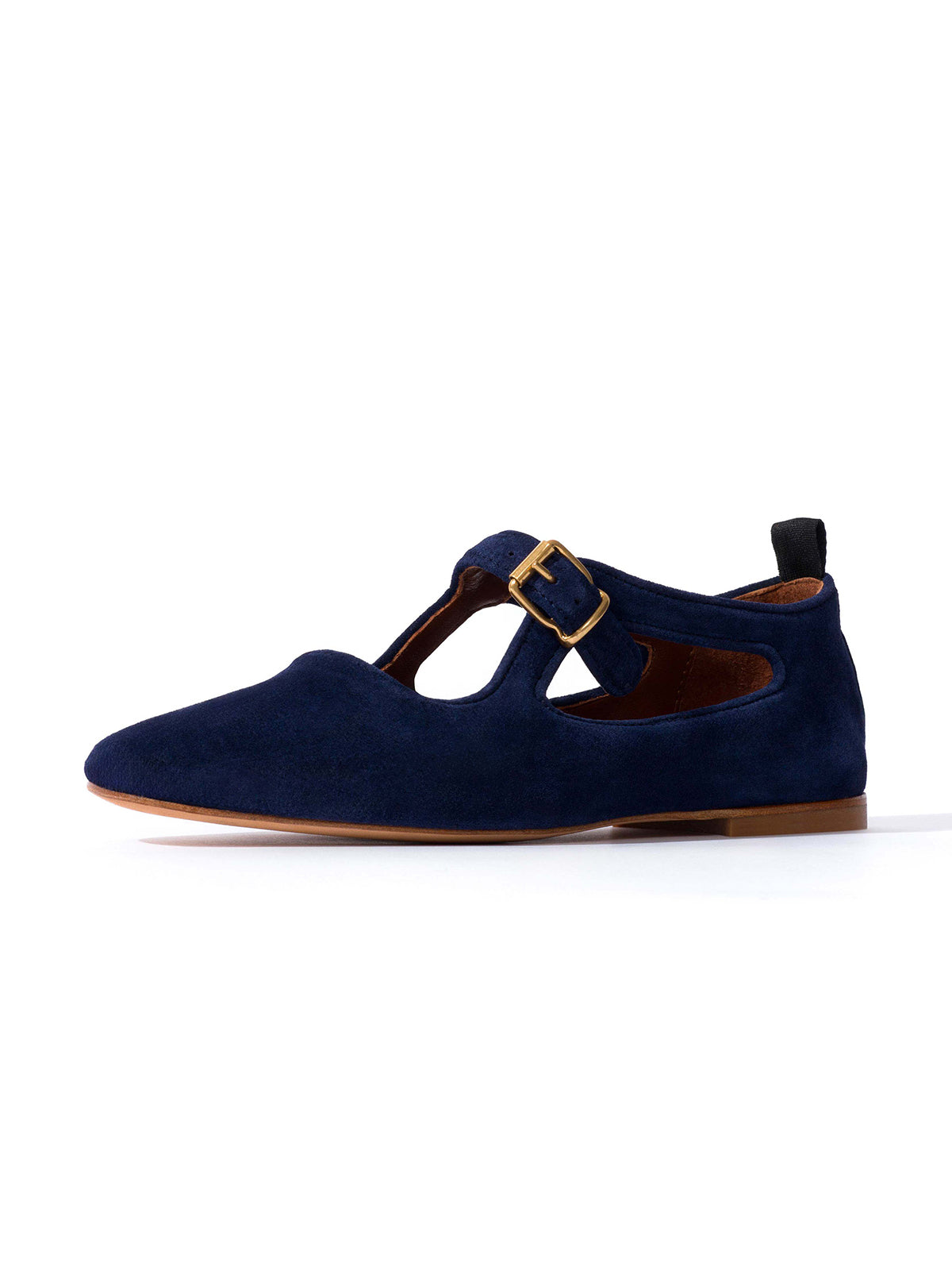 Square-Toe Buckle Strap Chic Flats - Navy Faux Suede