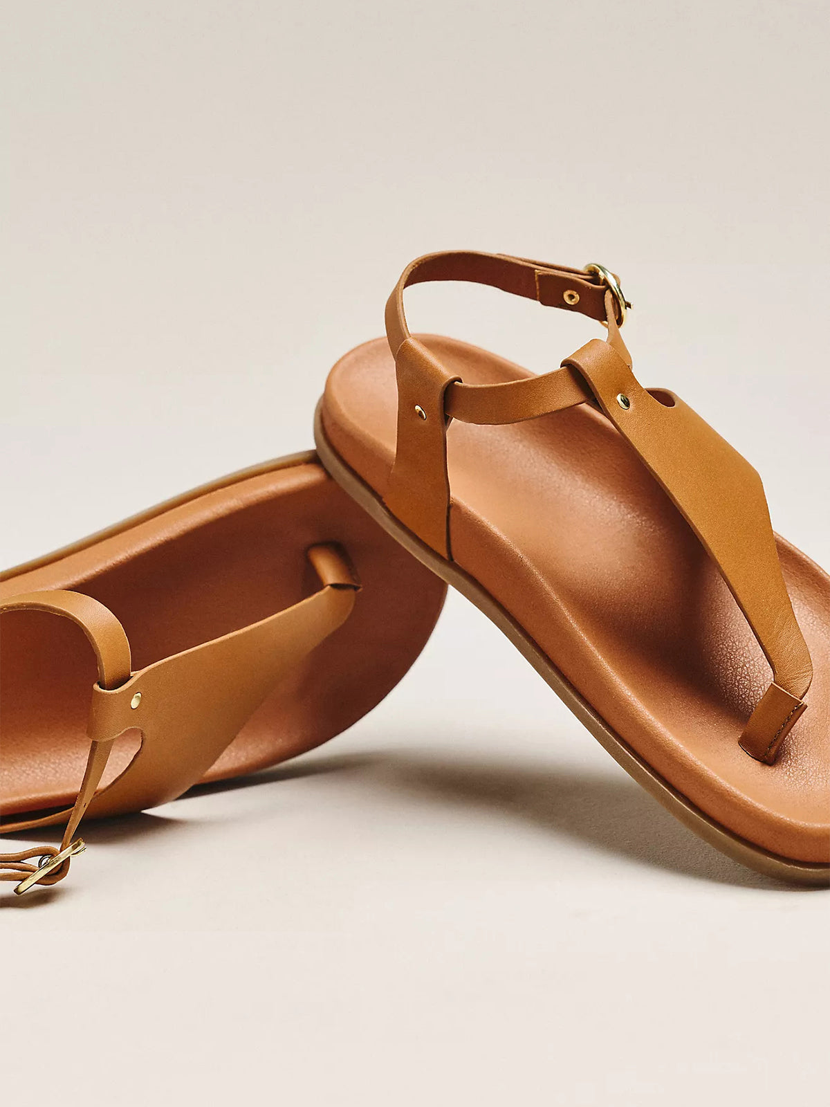 Tan Round-Toe T-Strap And Ankle Strap Flats Sandals