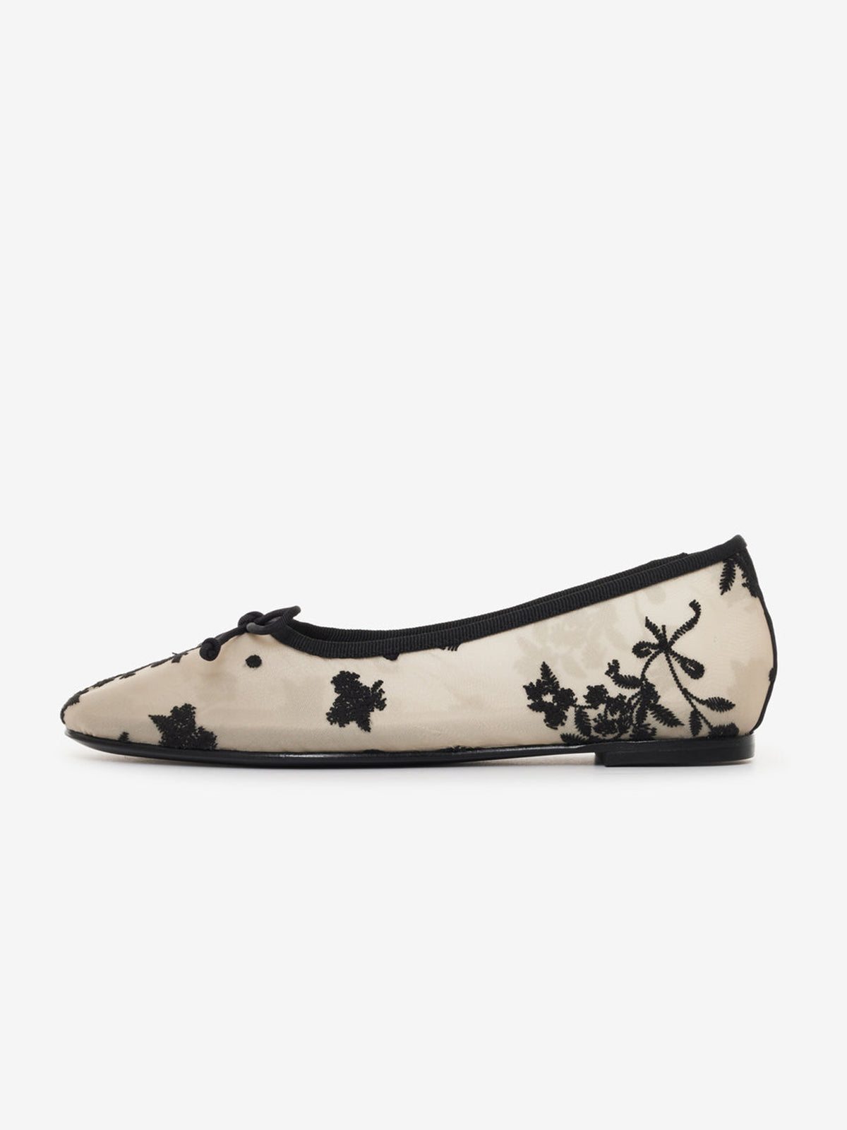 Black Mesh Round-Toe Floral Embroidery Bow Ballet Flats