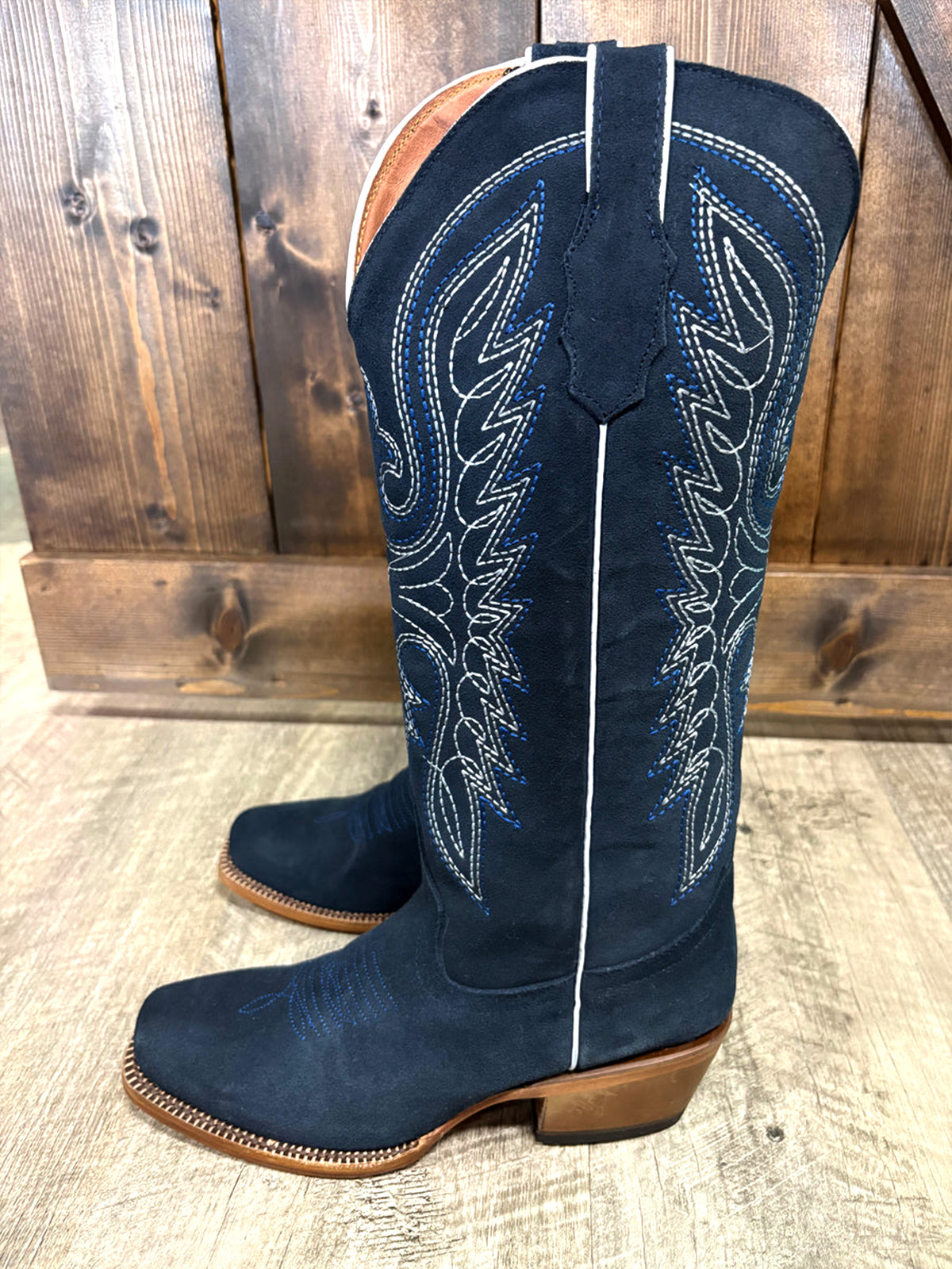 Navy Faux Suede Square-Toe Classic Embroidery Wide Calf Knee High Cowgirl Boots