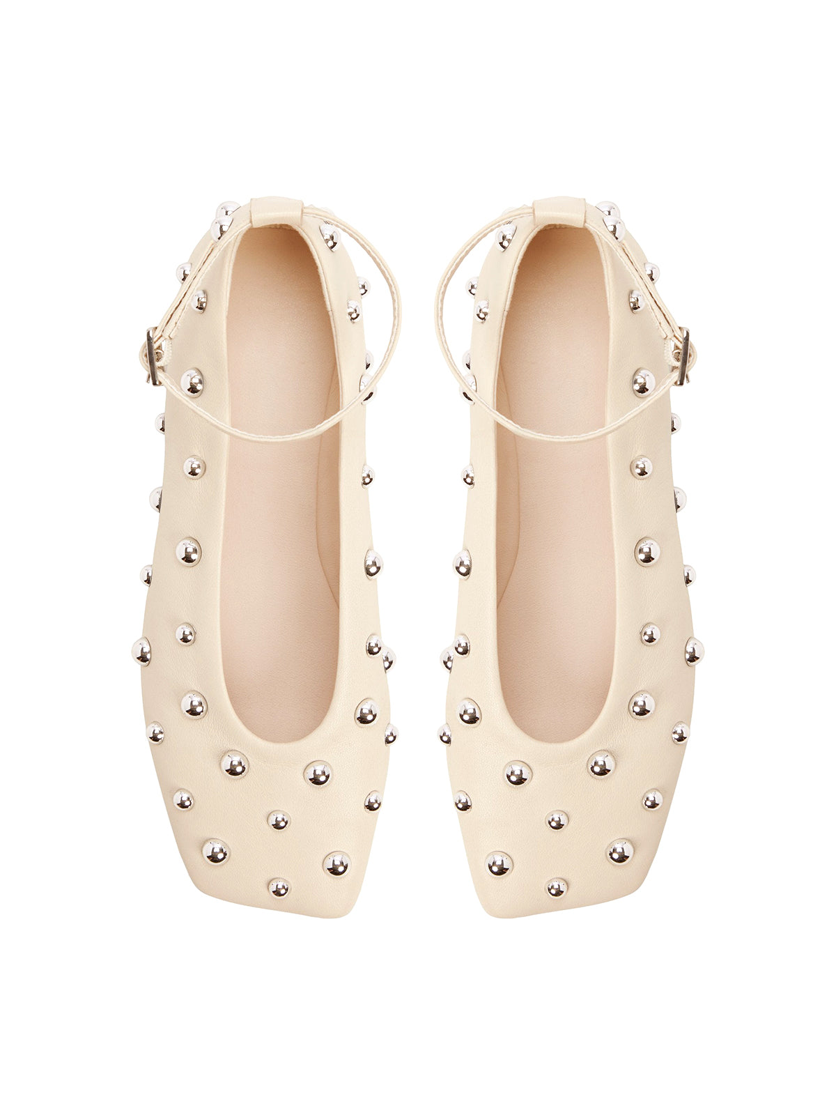 Ivory Square-Toe Full Studs Ankle Strap Ballet Flats
