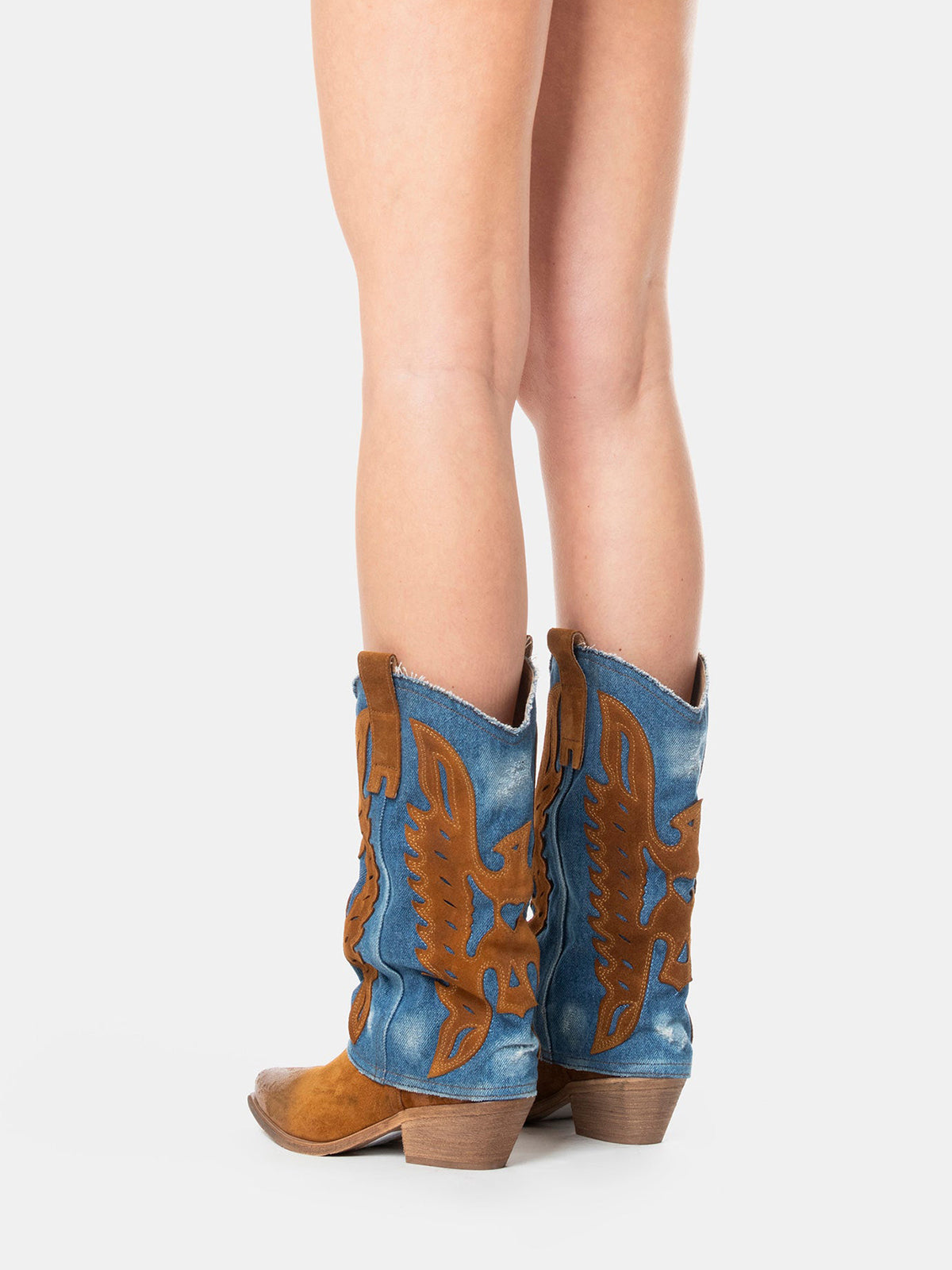 Brown Snip-Toe Eagle Applique Blue Denim Fold-Over Mid Calf Cowgirl Boots