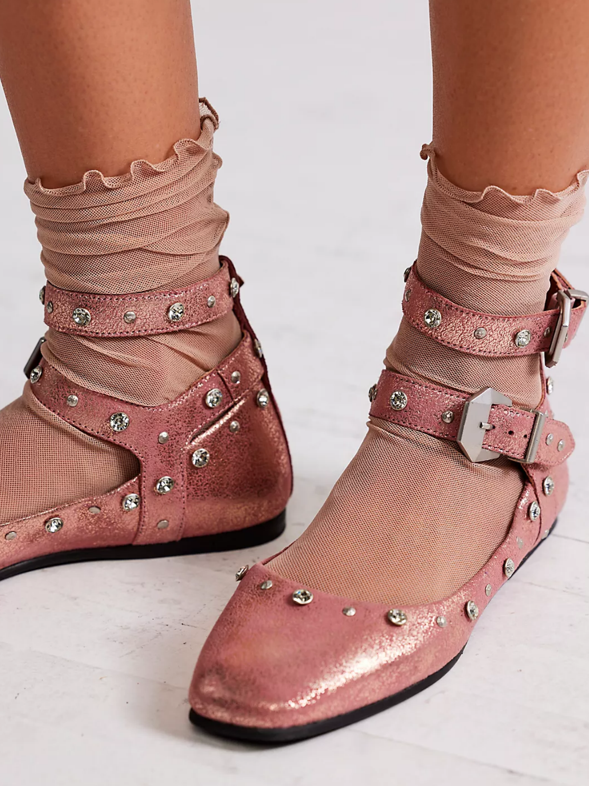 Metallic Pink Square-Toe Studded Rhinestone Double Buckle Ankle Straps Flats