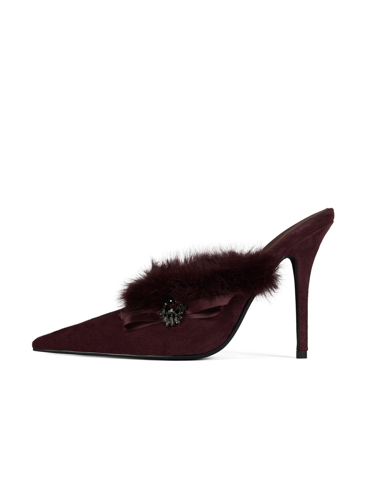 Wine Red Faux Suede Pointed-Toe Plush Detail Backless High Heels
