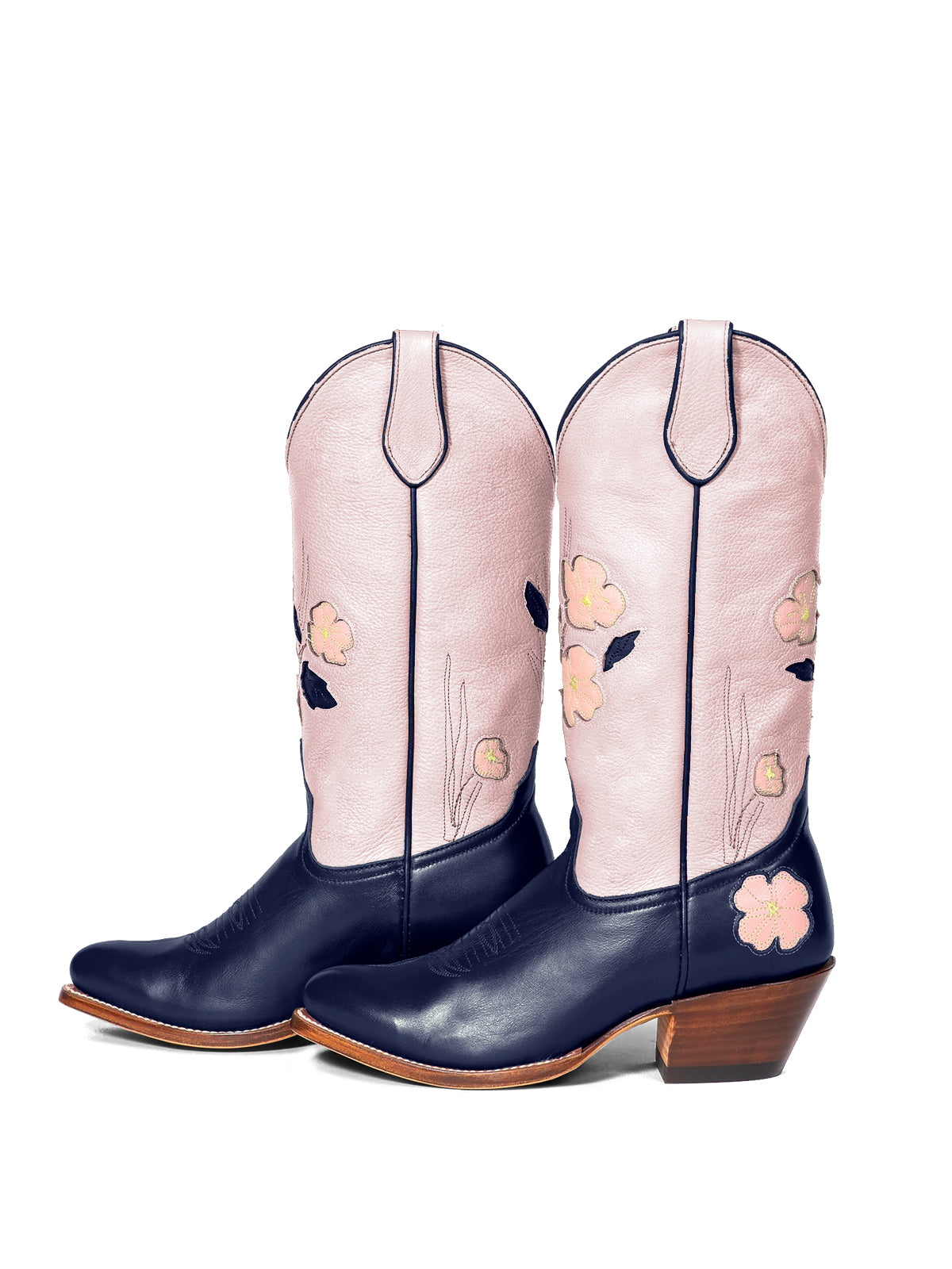 Contrast Pink And Dark Blue Almond-Toe Fresh Flower Inlay Mid Calf Cowgirl Boots